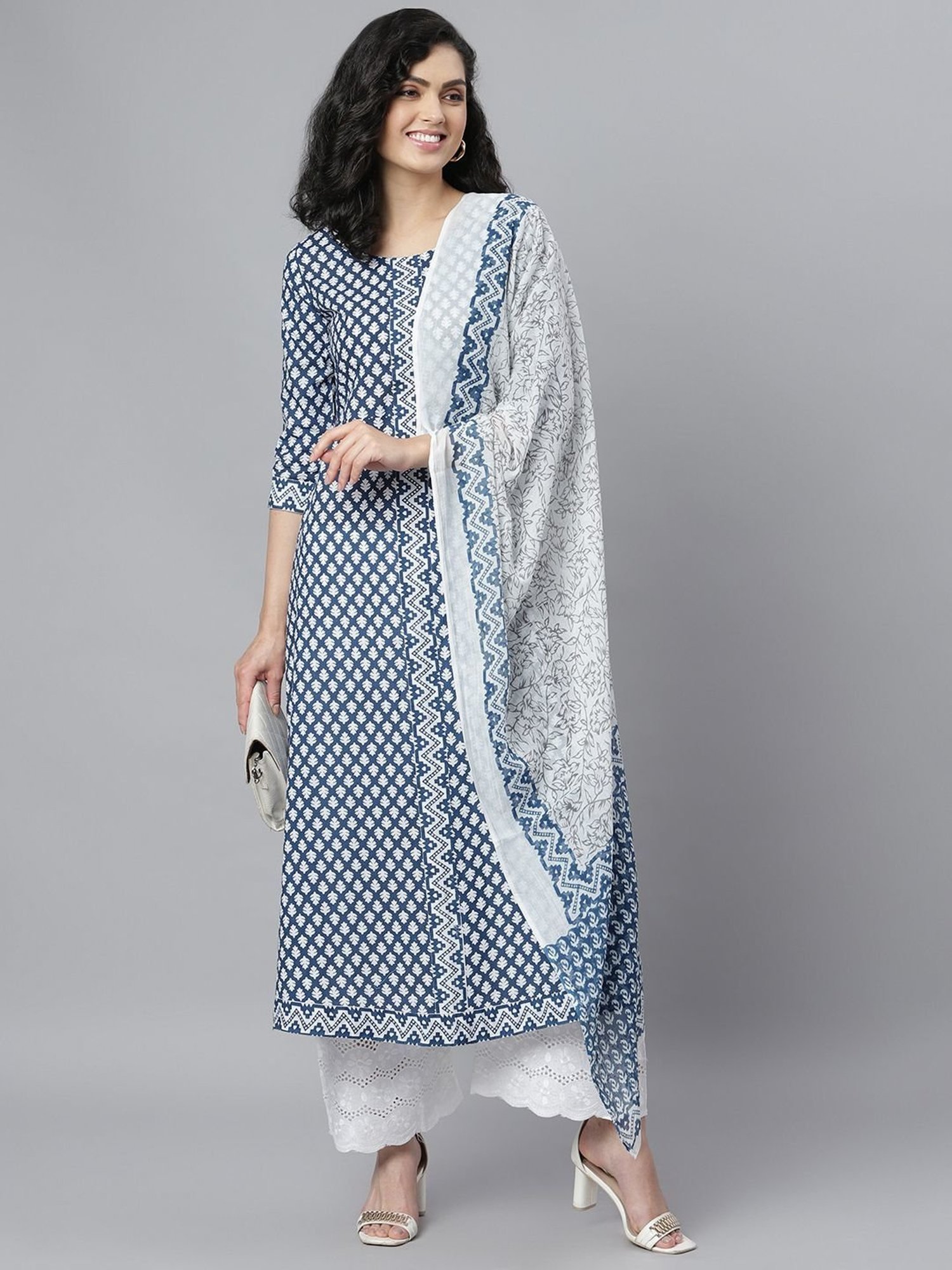 Stylum Blue Cotton Floral Print A Line Kurta With Dupatta