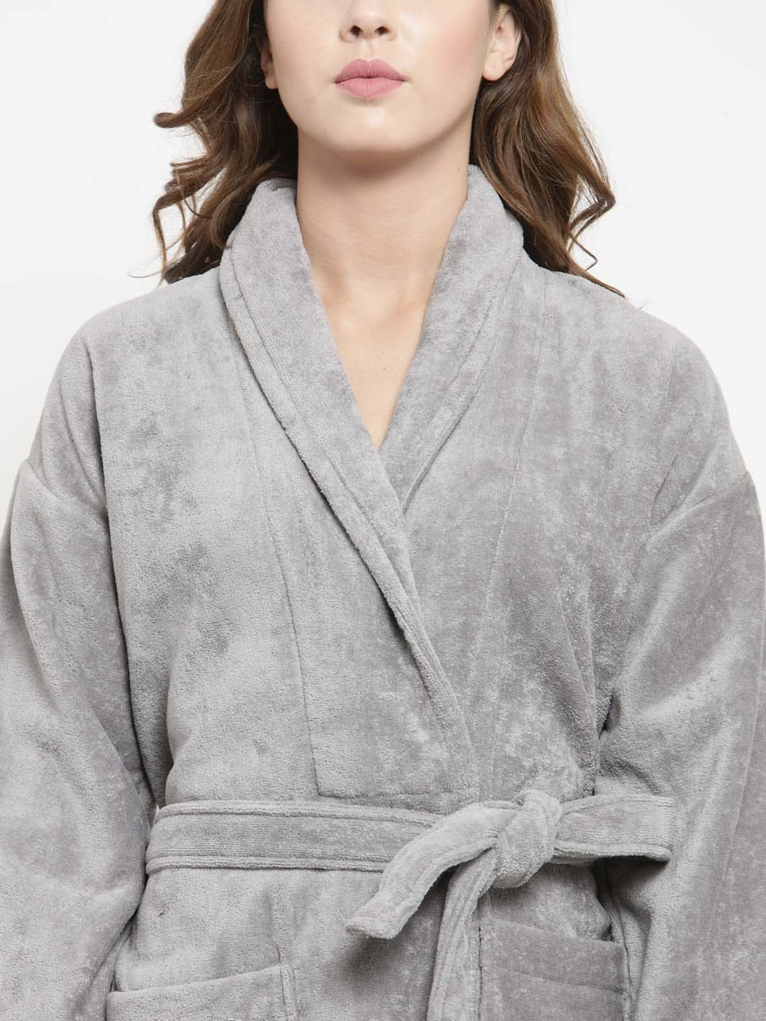 Trident Cloud Grey Cotton 350 GSM Bathrobe for Women (Large)