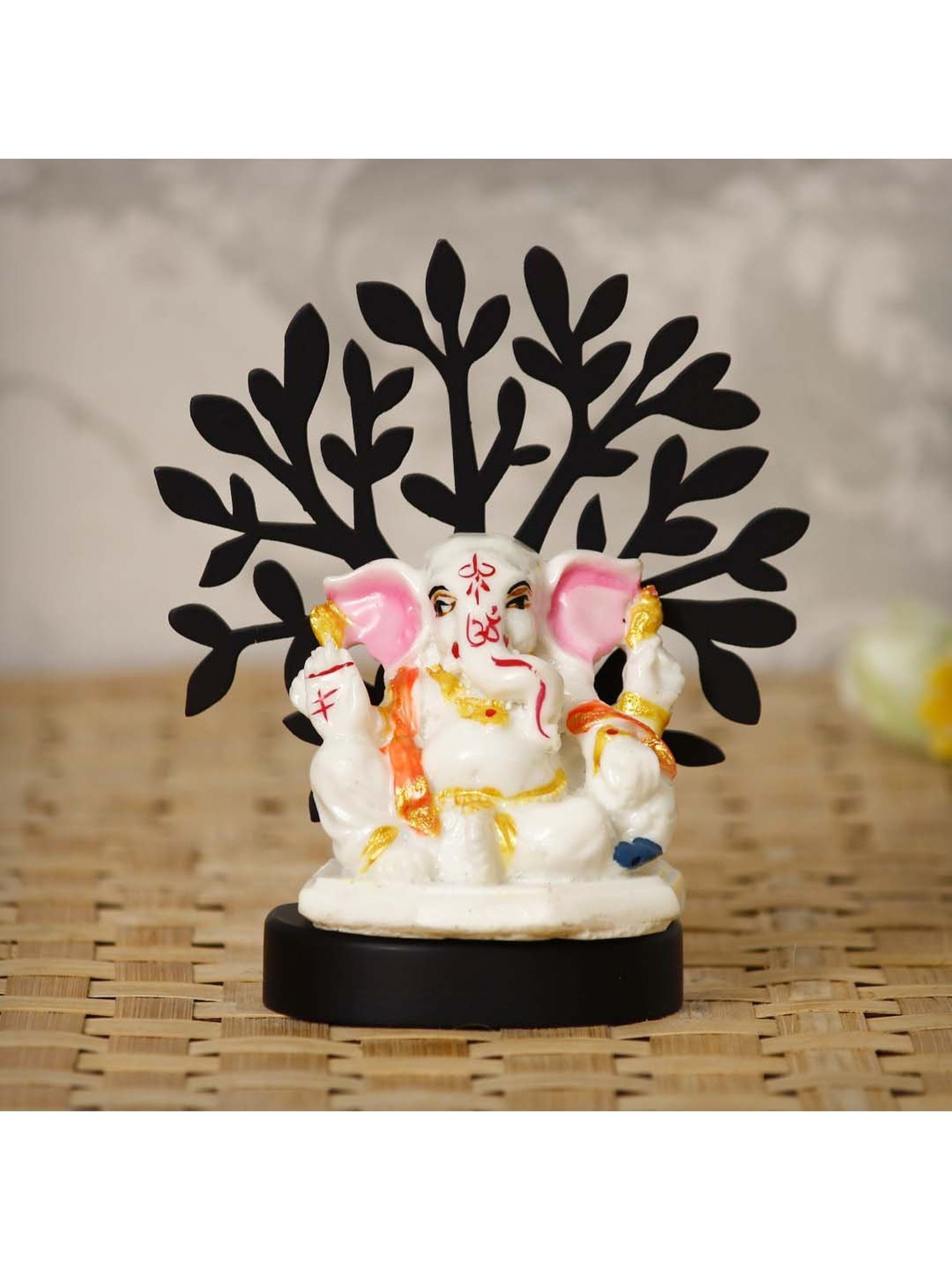 Decorative Lord Ganesha Idol with Wooden Tree for Car Dashboard, Home Temple and Office Desks