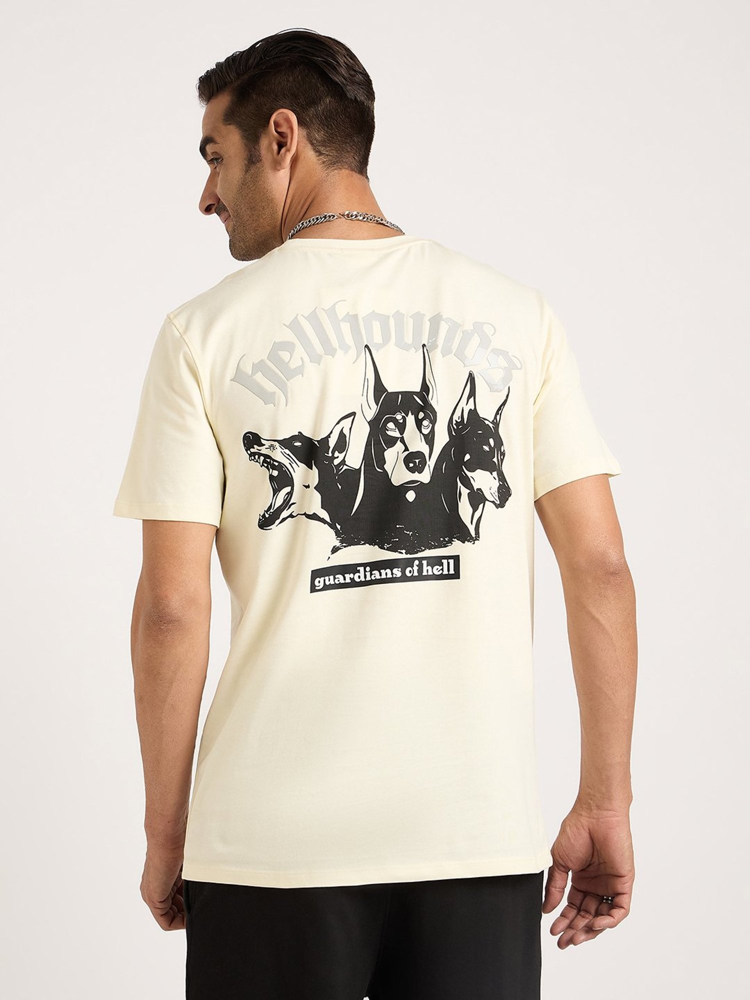 EDRIO Cream Regular Fit Printed Crew T-Shirt