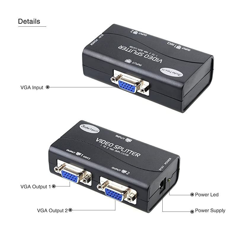 Splitter 2 Port USB Powered Support 1920X1400 Resolution 250MHz Bandwidth for Screen Duplication Support Mirror Mode Only