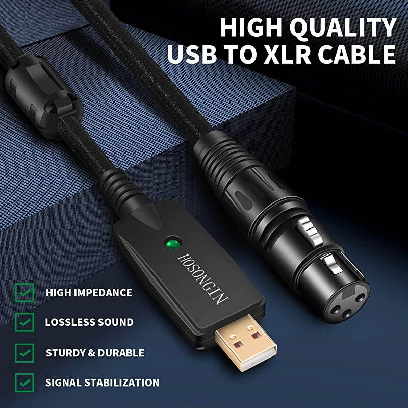 USB Microphone Cable 10Ft  USB Male to XLR Female Cable Connector Cords Adapter for Microphones or Recording 24K GoldPlated USB Connector Black Tweed Woven Jacket