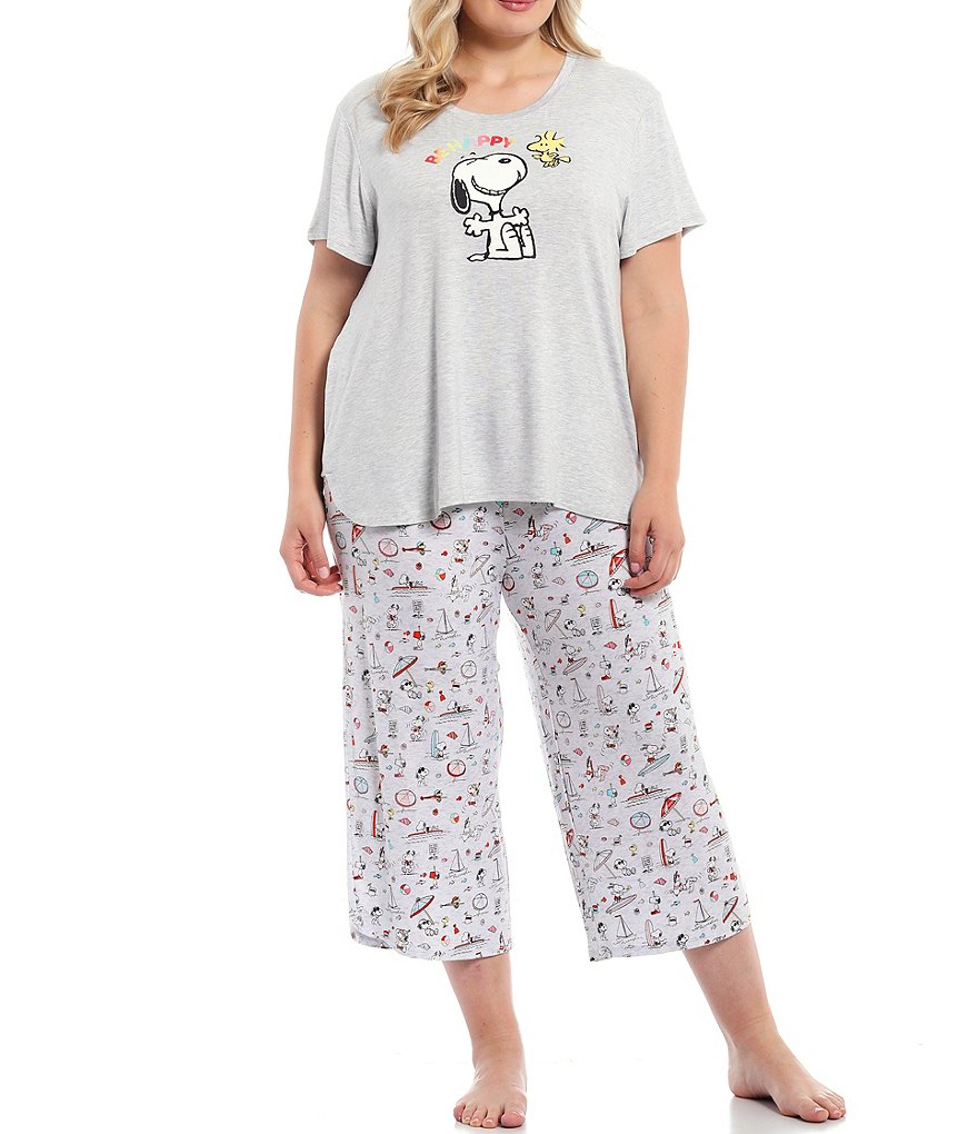 Peanuts Plus Size Aloha Snoopy Printed Jersey Knit Sleep Capri Pants