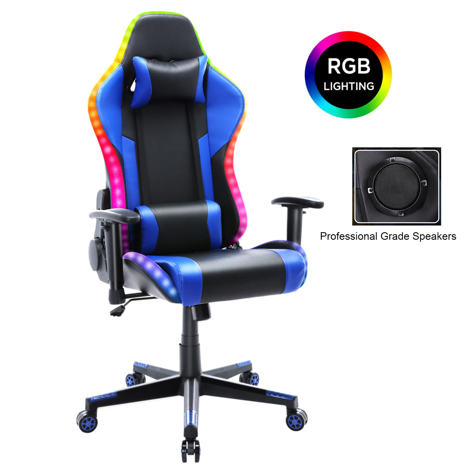 YOUTHUP Gaming Chair with RGB LED Lights, Racing Style Recliner Swivel Video Computer Chair with Bluetooth Speakers, Adjustable Ergonomic High Back, PU Leather with Headrest and Lumbar Support, Pink