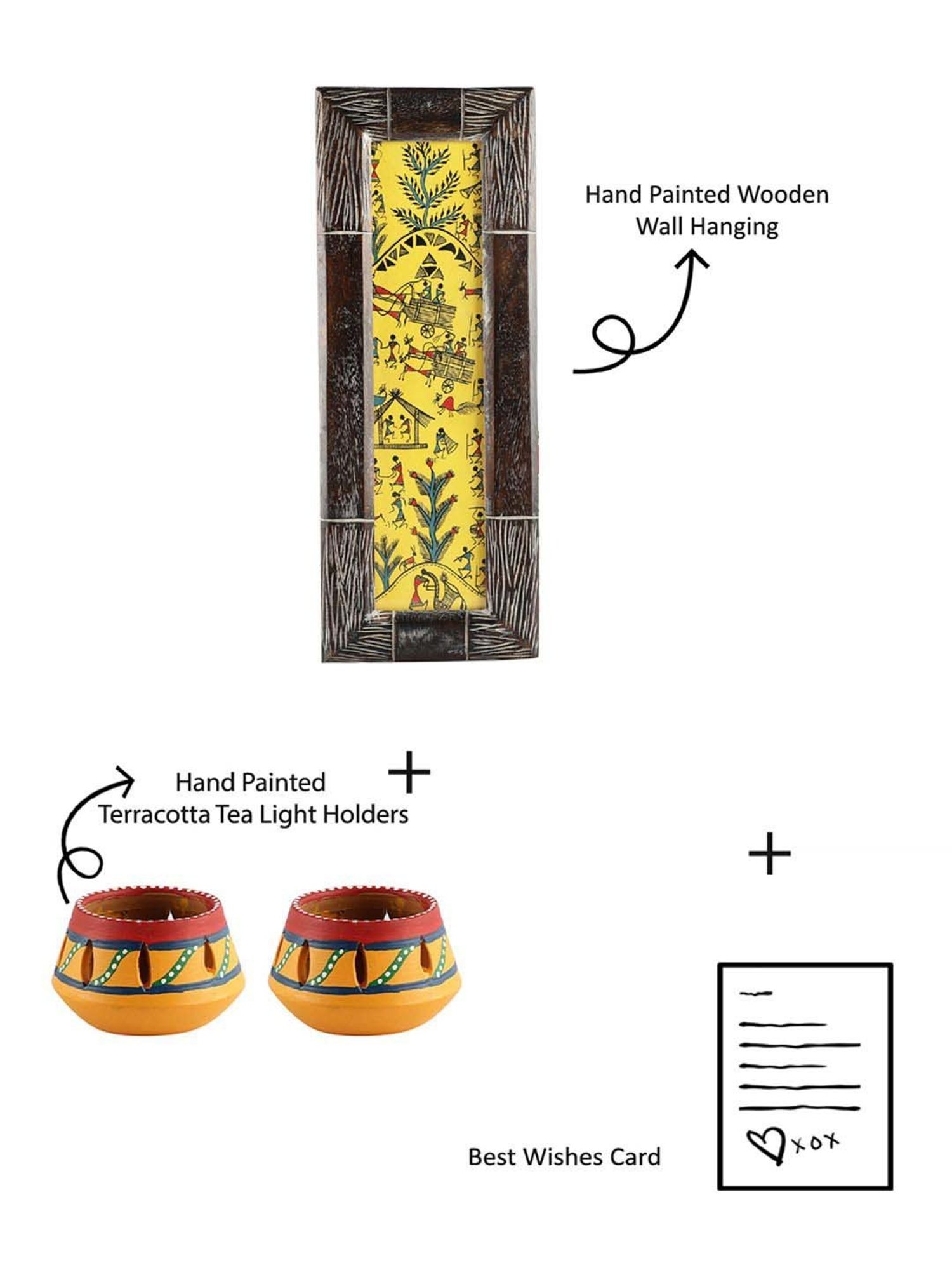 VarEesha Upahaar Yellow Wood Wall Art with 2 Tea Light Holders