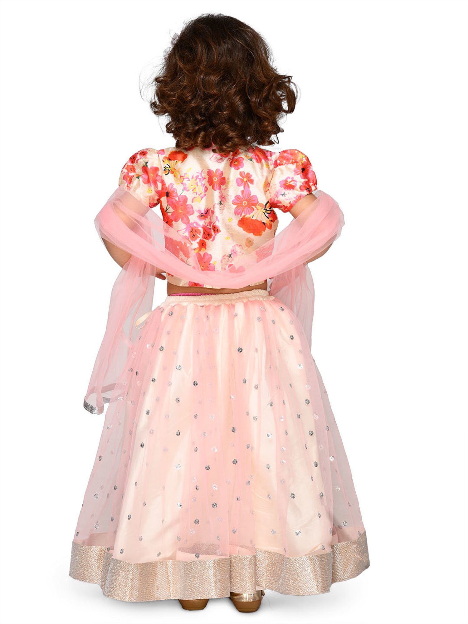 Saka Designs Kids Pink & Ivory Floral Print Lehenga with Choli & Dupatta