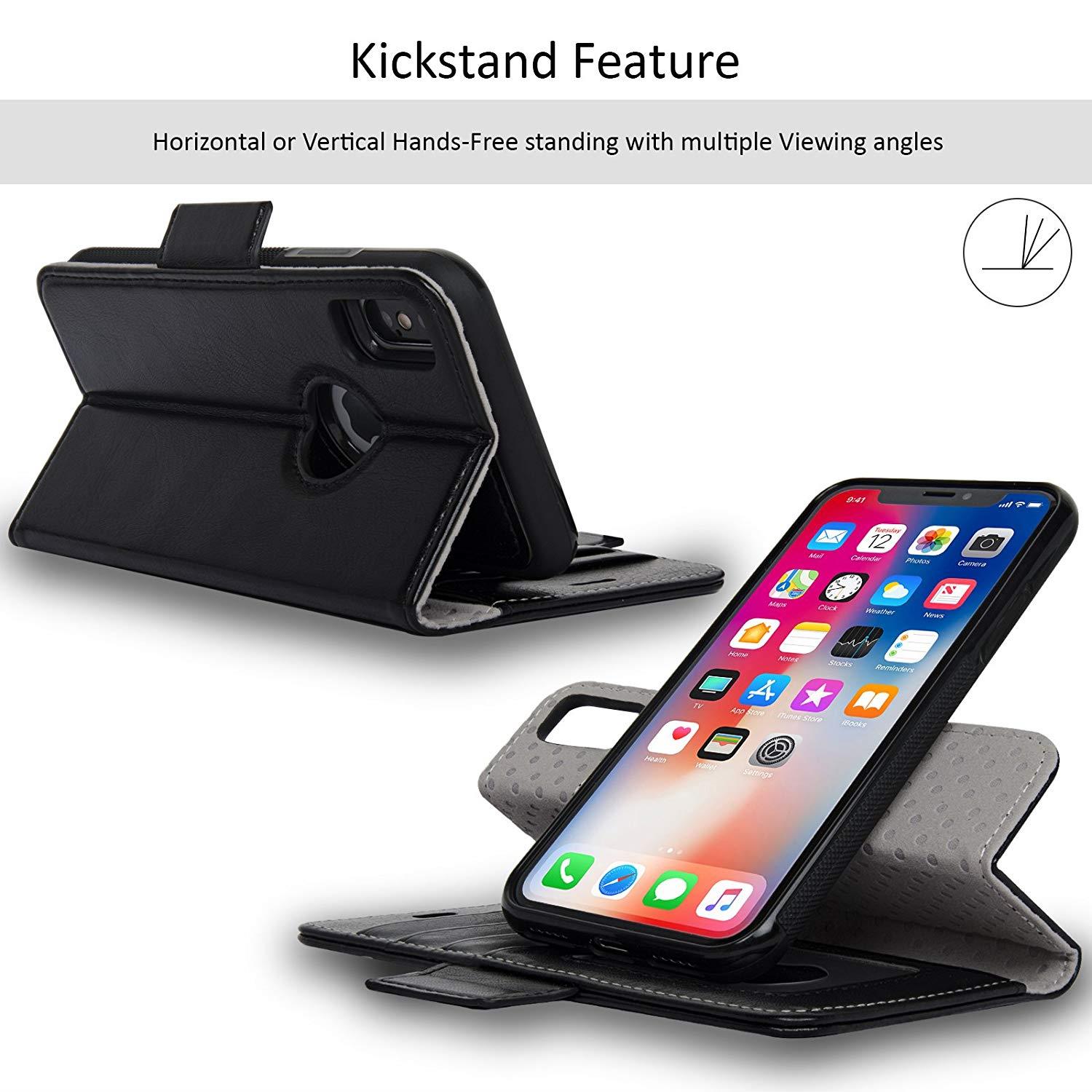 Navor Detachable Magnetic Wallet Case RFID Protection, Logo Hole, Compatible for iPhone Xs/X [Vajio Series]-Black (IPXVJBK)