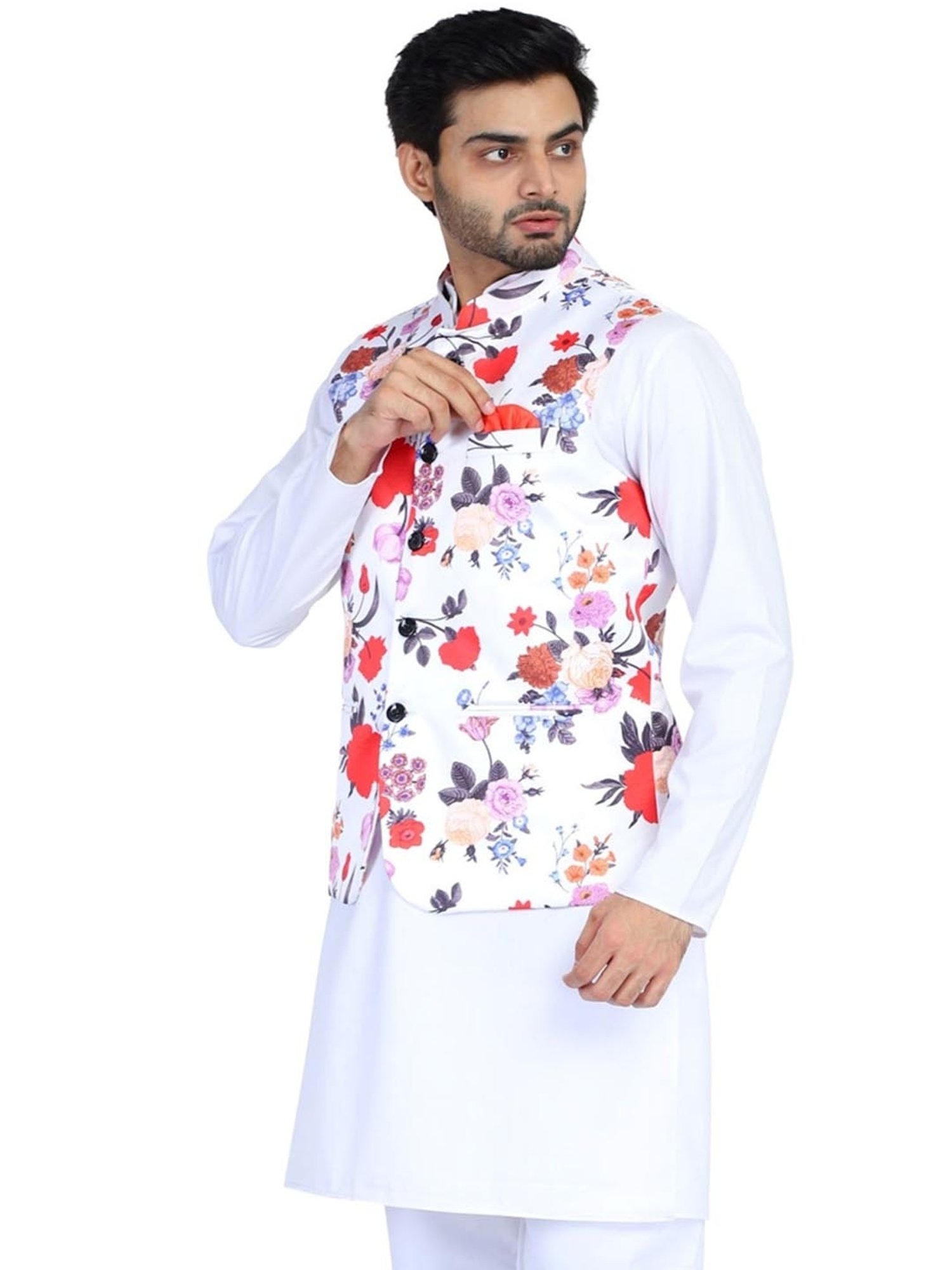 TAHVO White Cotton Slim Fit Floral Print Nehru Jacket