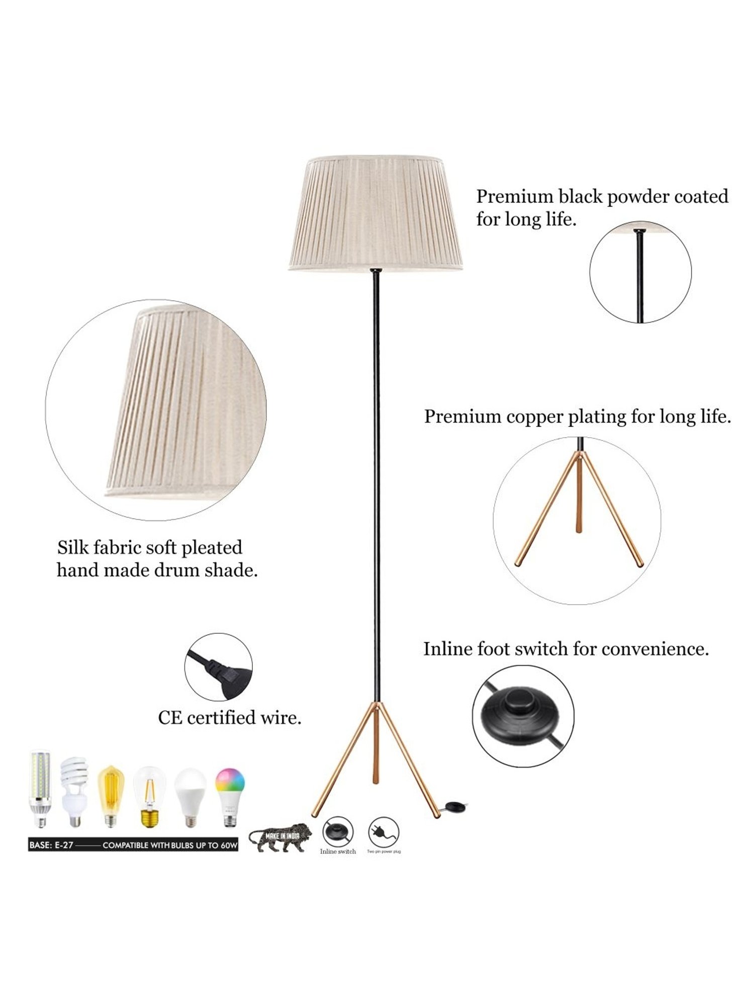 Kapoor Lamp Shades Black & Beige Metal Mizuko Cotton Shade Floor Lamp