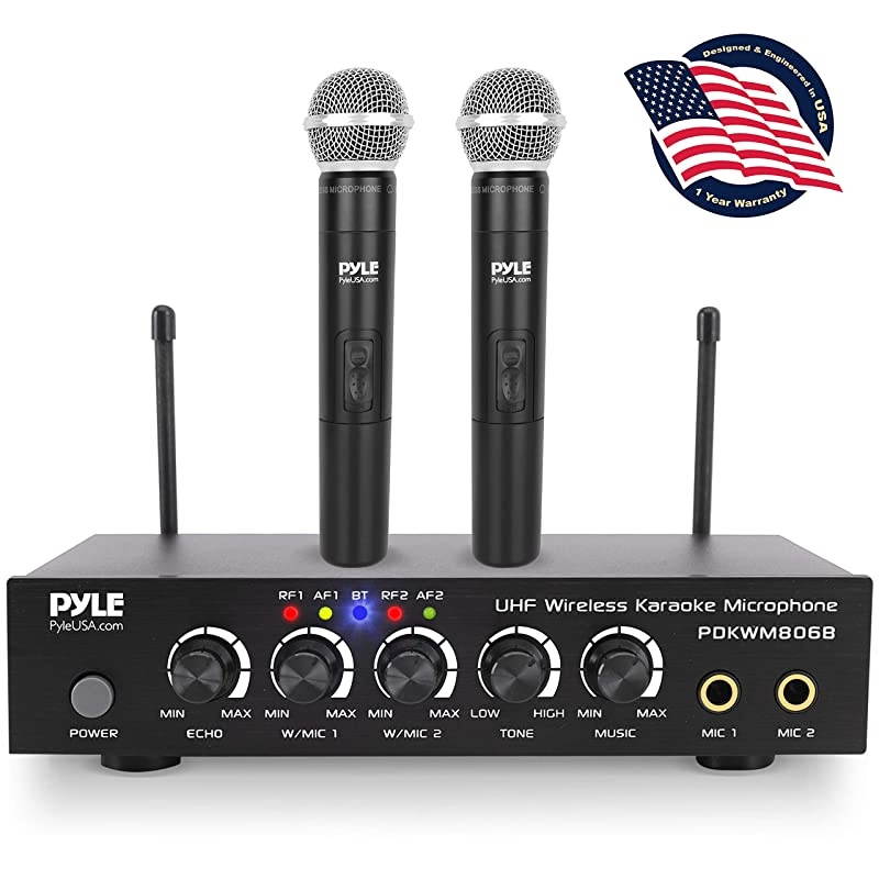 Portable UHF Wireless Microphone System Battery Operated Dual Bluetooth Cordless Microphone Set Includes 2 Handheld Transmitter Mic Mixer Receiver RCA for PA Karaoke DJ Party  PDKWM806B