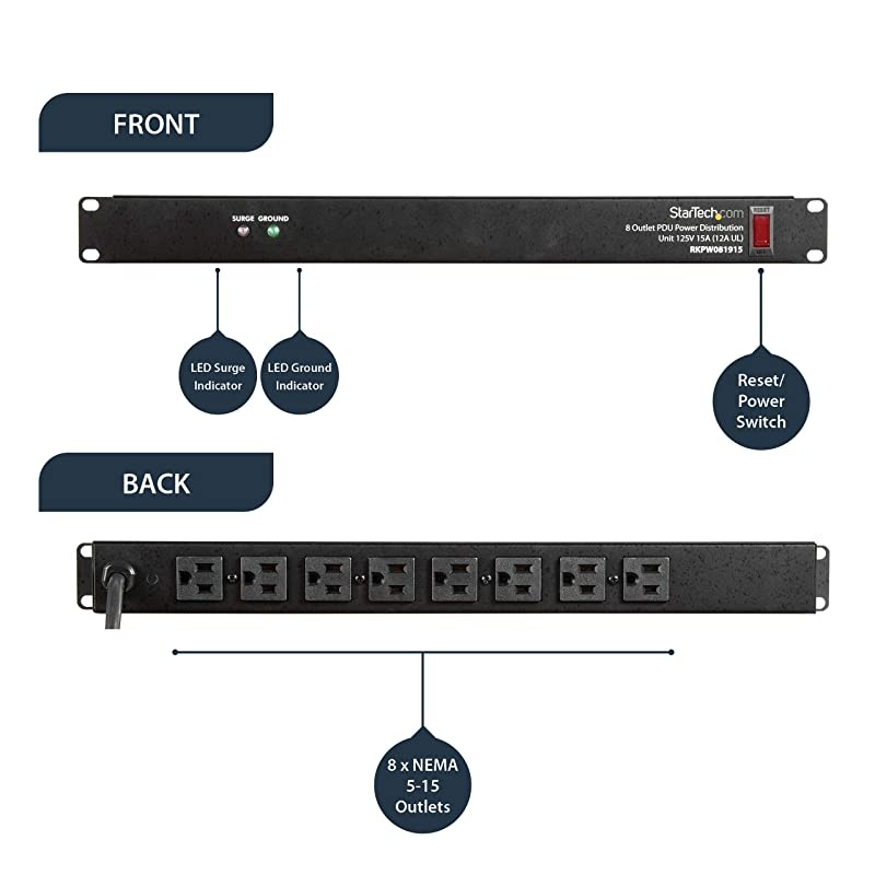 com 8 Outlet Horizontal 1U Rack Mount PDU Power Strip for Network Server Racks Surge Protection 120V15A with 6 Ft Power Cord RKPW081915 Black