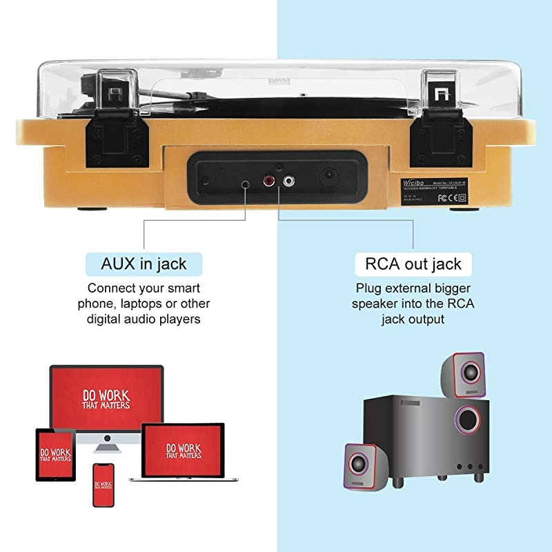 Record Player Vintage Turntable 3Speed Belt Drive Vinyl Player LP Record Player with Builtin Stereo Speaker Auxin Headphone Jack and RCA Output Natural Wood