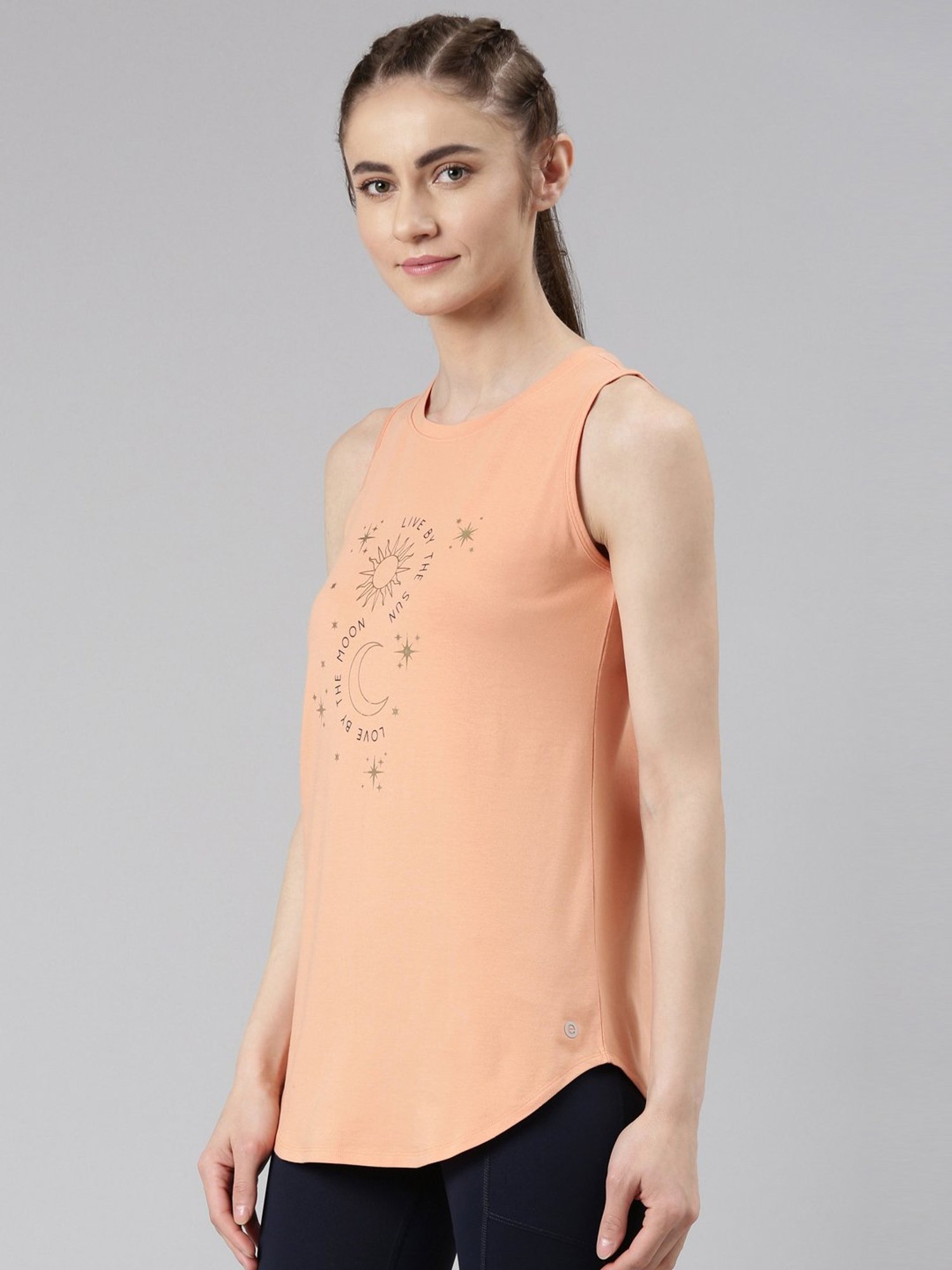 Enamor Orange Cotton Graphic Print Tank Top