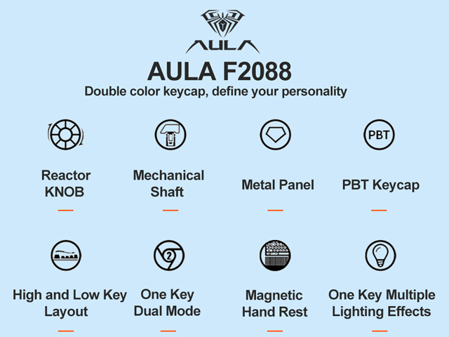 AULA F2058/F2088 Mechanical Gaming Keyboard wrist rest Multimedia Knob, Marco Programming metal panel LED Backlit keyboard for Computer Gamer