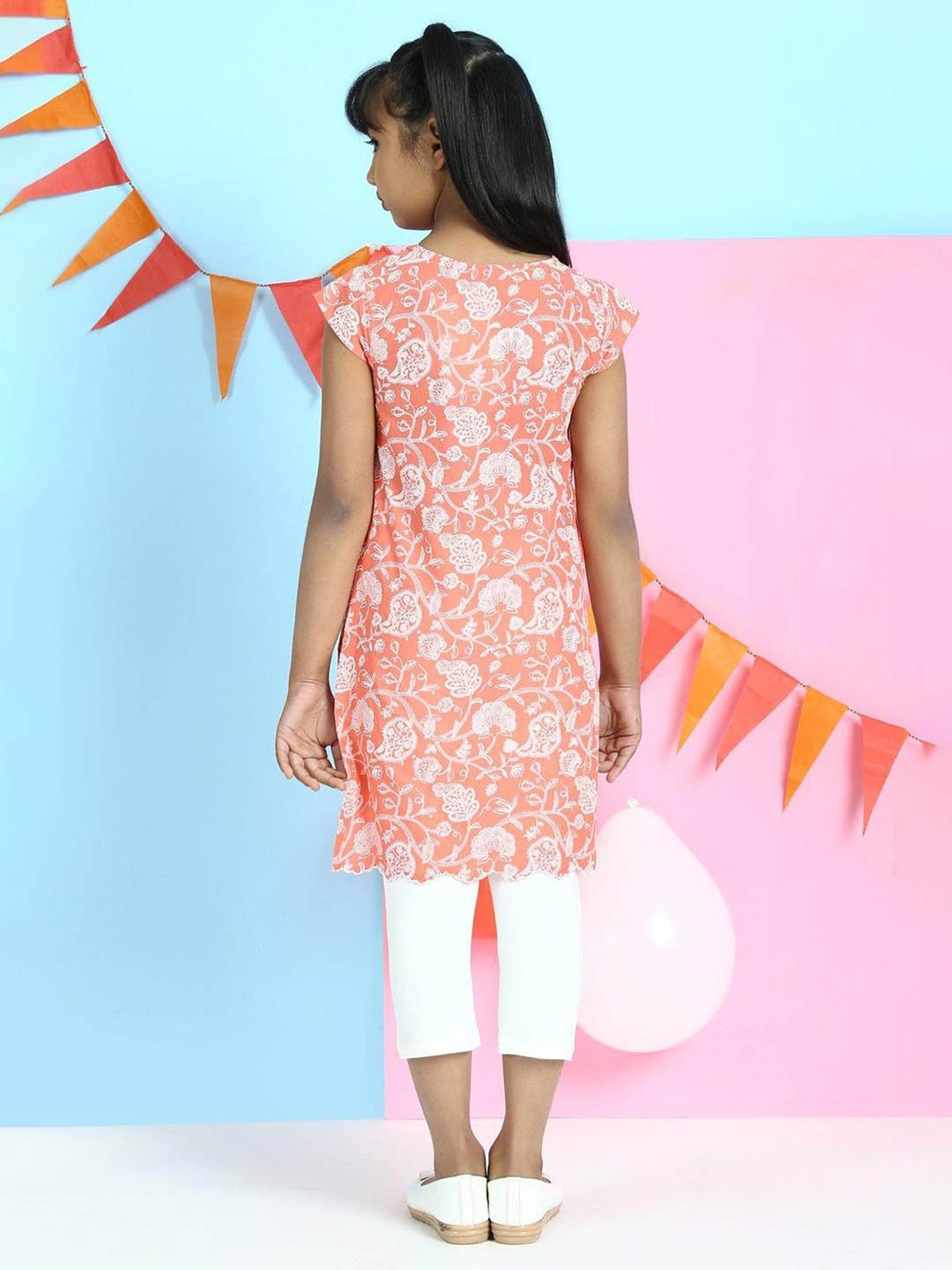 BIBA Girls Pink & White Embroidered Kurta with Leggings