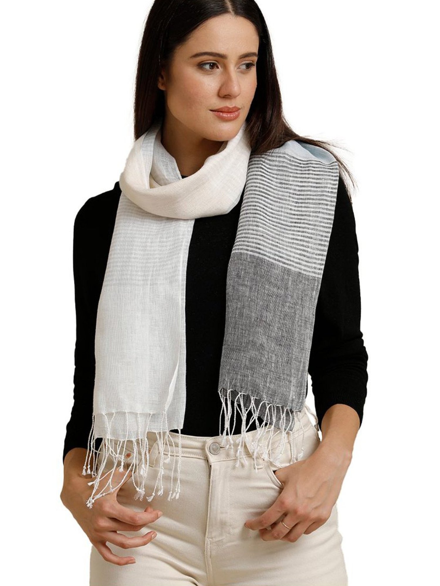Linen Club Grey Striped Pure Linen Stole