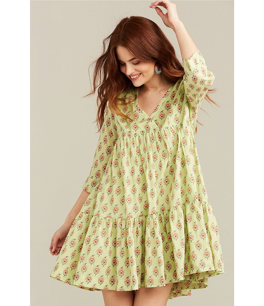 Roller Rabbit Messila Donatell V-Neck 3/4 Sleeve Tiered Dress