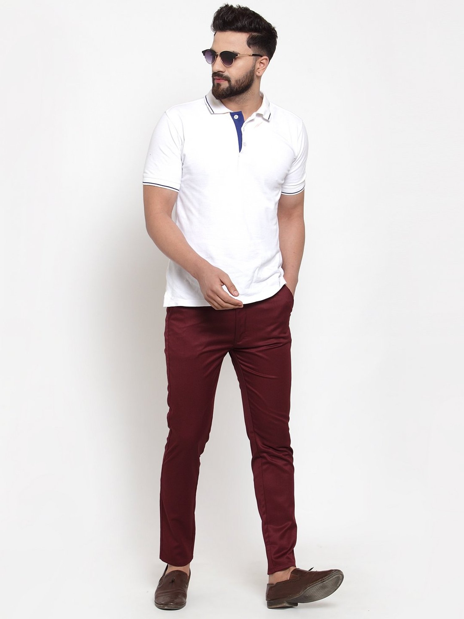 Jainish Maroon Cotton Tapered Fit Flat Front Trousers