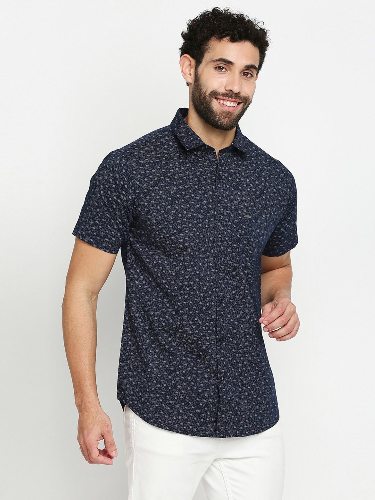 SOLEMIO Navy Slim Fit Printed Shirt