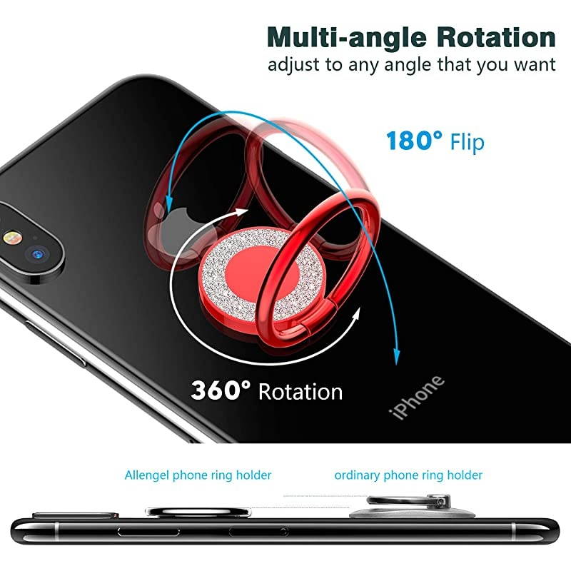 Cell Phone Ring Holder, 360 Rotation Bling Metal Finger Kickstand Phone Grip for Magnetic Car Mount Compatible with Smartphone(Lucky Red)