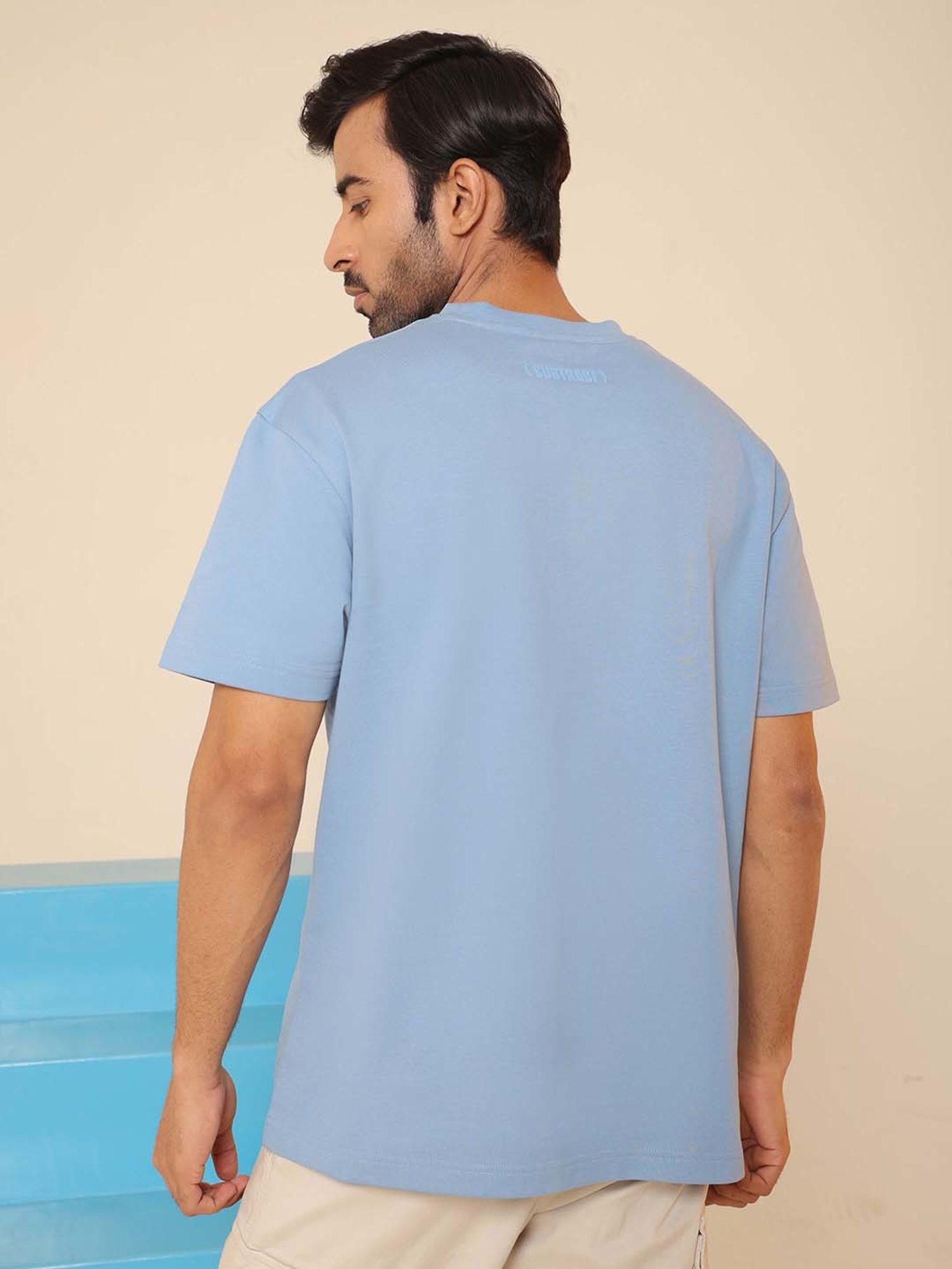 SUBTRACT Frost Blue Regular Fit Cotton Oversized Crew T-Shirt
