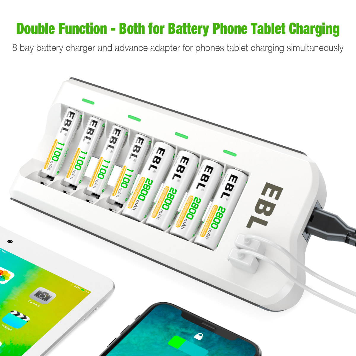 EBL 8 Pcs 2800mAh Ni-MH AA Rechargeable Batteries  and 808U AA AAA Battery Charger with 2 USB Charging Ports