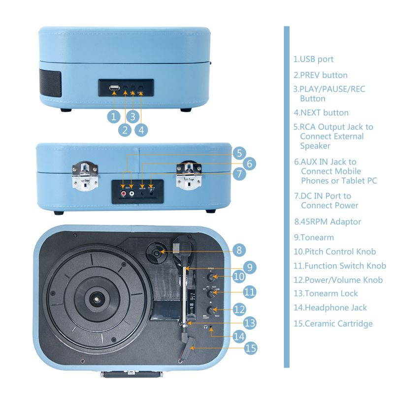 LP&No.1 Portable Bluetooth Turntable with USB Play and Recording,Suitcase 3 Speed Vinyl Record Player with Pitch Control,RCA Output and Aux Input, Blue