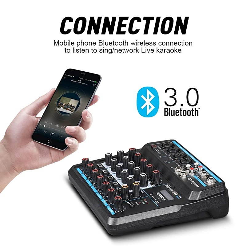 Mini 6 Channel Mixer Audio DJ Console with Sound Card, USB Audio Interface, 48V Phantom Power Mixer for PC Recording Singing Webcast Party ()