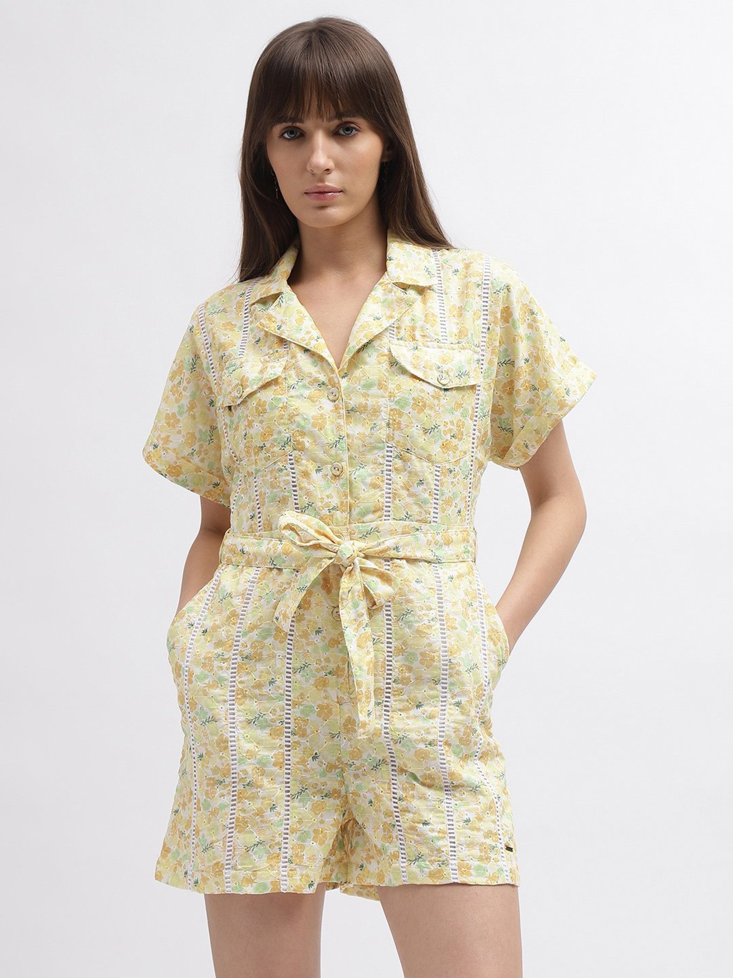 Elle Yellow Cotton Floral Print Playsuit