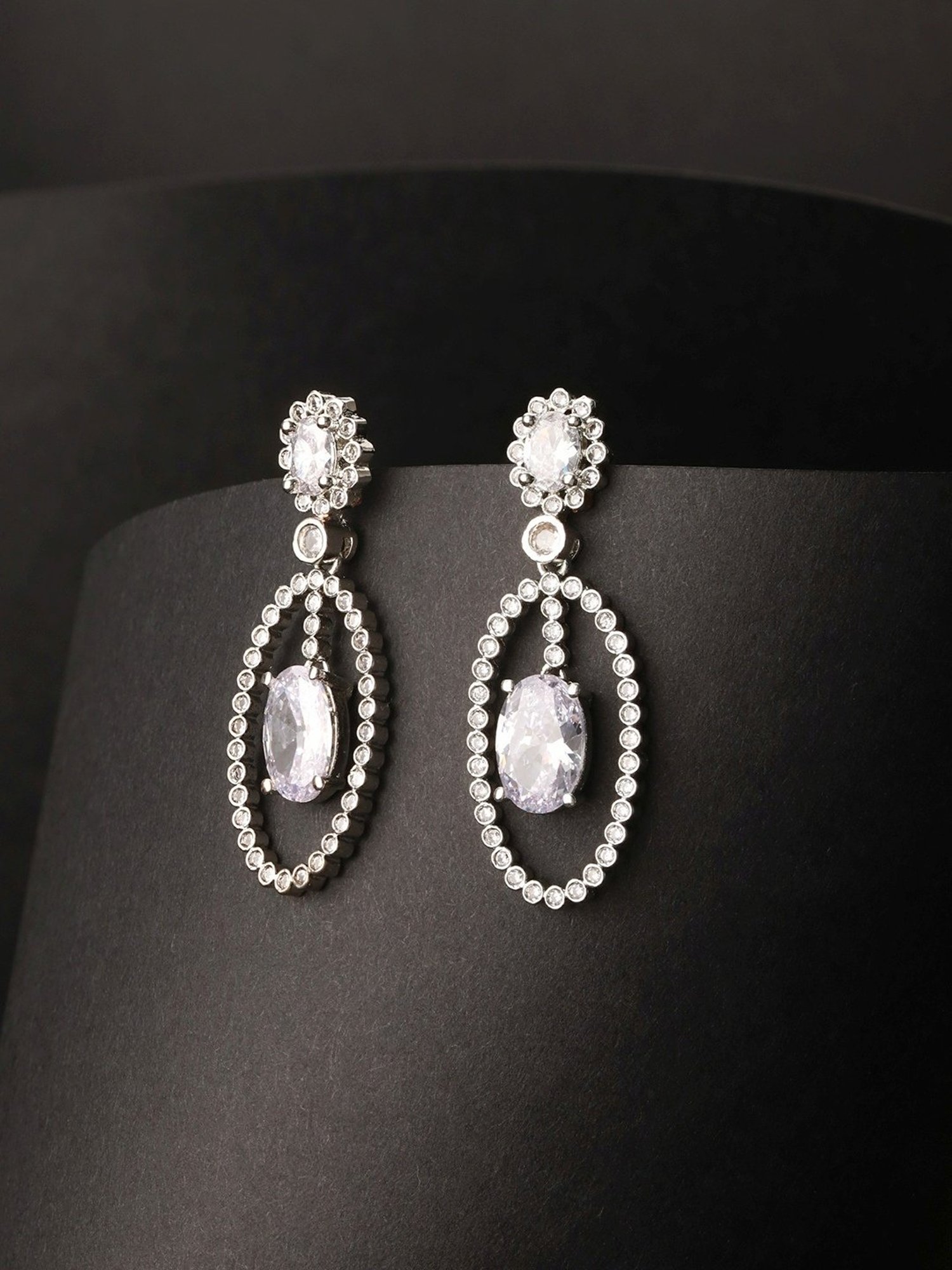 Priyaasi White Floral Oval Stone Studded Silver-Plated Drop Earrings