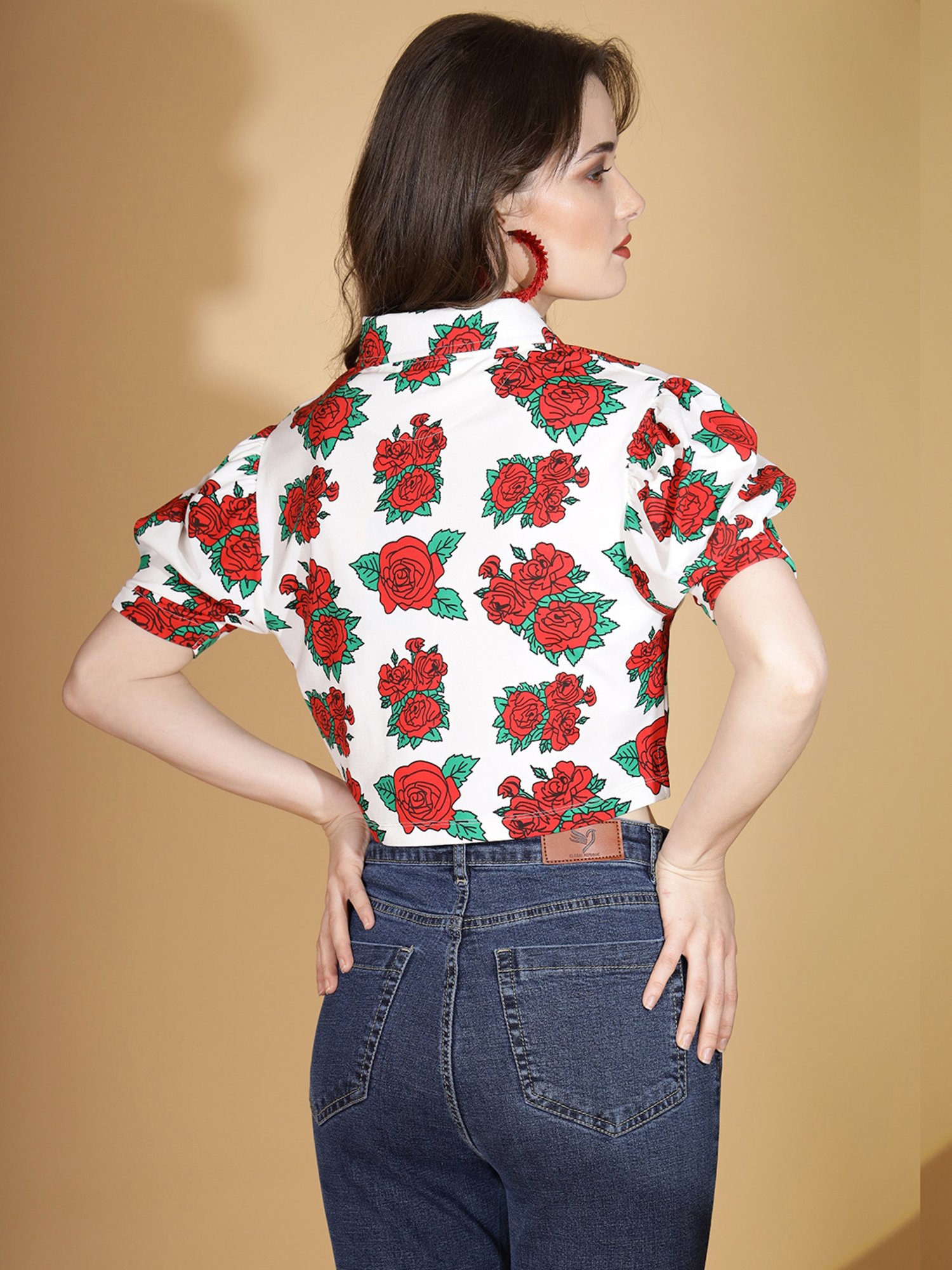 Global Republic White & Red Cotton Floral Print Crop Top