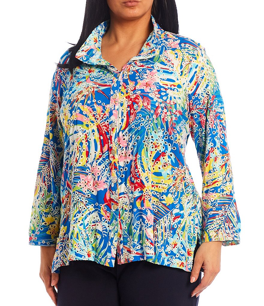 John Mark Plus Size Allover Tropical Print Wire Point Collar Spread Neck Long Roll-Tab Sleeve Button Down Blouse