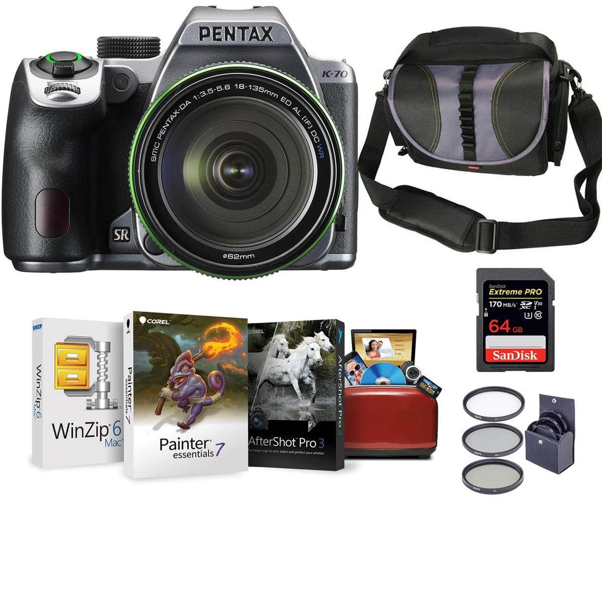 Pentax K-70 DSLR with 18-135mm WR Lens, Silver with Mac Software & Accessories