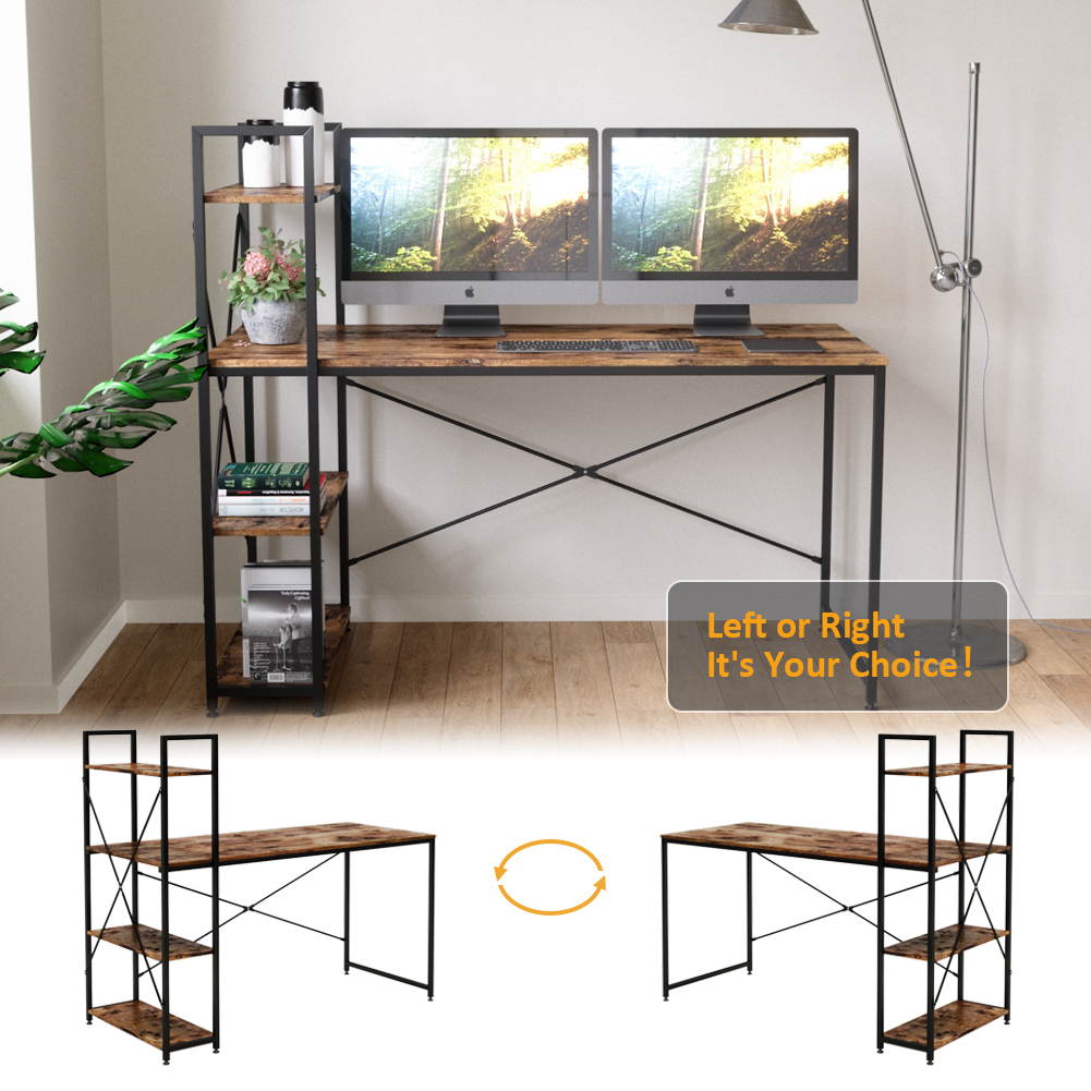 Bestier 63 Inch Computer Desk with Storage Shelves, Modern Bookshelf Desk with Headphone Hook Large Workstation Writing Desk with Reversible Bookshelves Home Office Work Table Study Desk Grey
