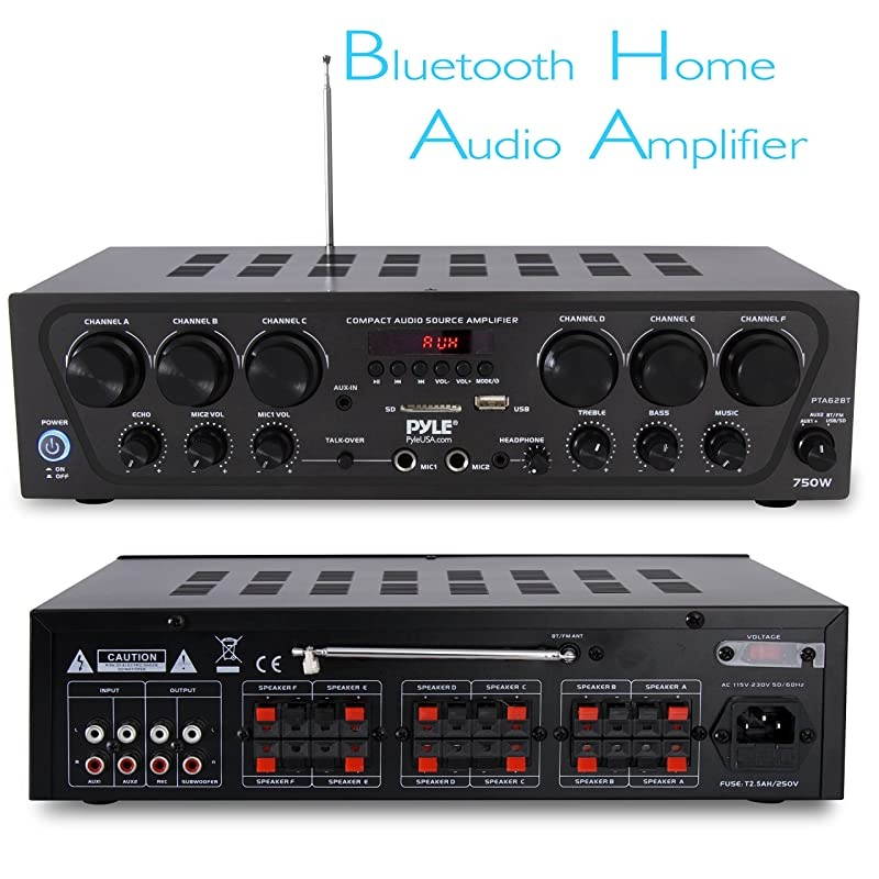 Wireless Bluetooth Karaoke-6 Channel 750 Watt Home Audio Sound Power Stereo Receiver Amplifier w/USB, Headphone, 2 Microphone Input w/Echo, Talkover for PA PTA62BT