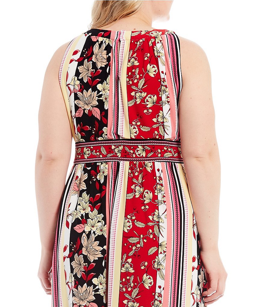 London Times Plus Size Floral Printed Matte Jersey Halter Keyhole Neck Maxi Dress