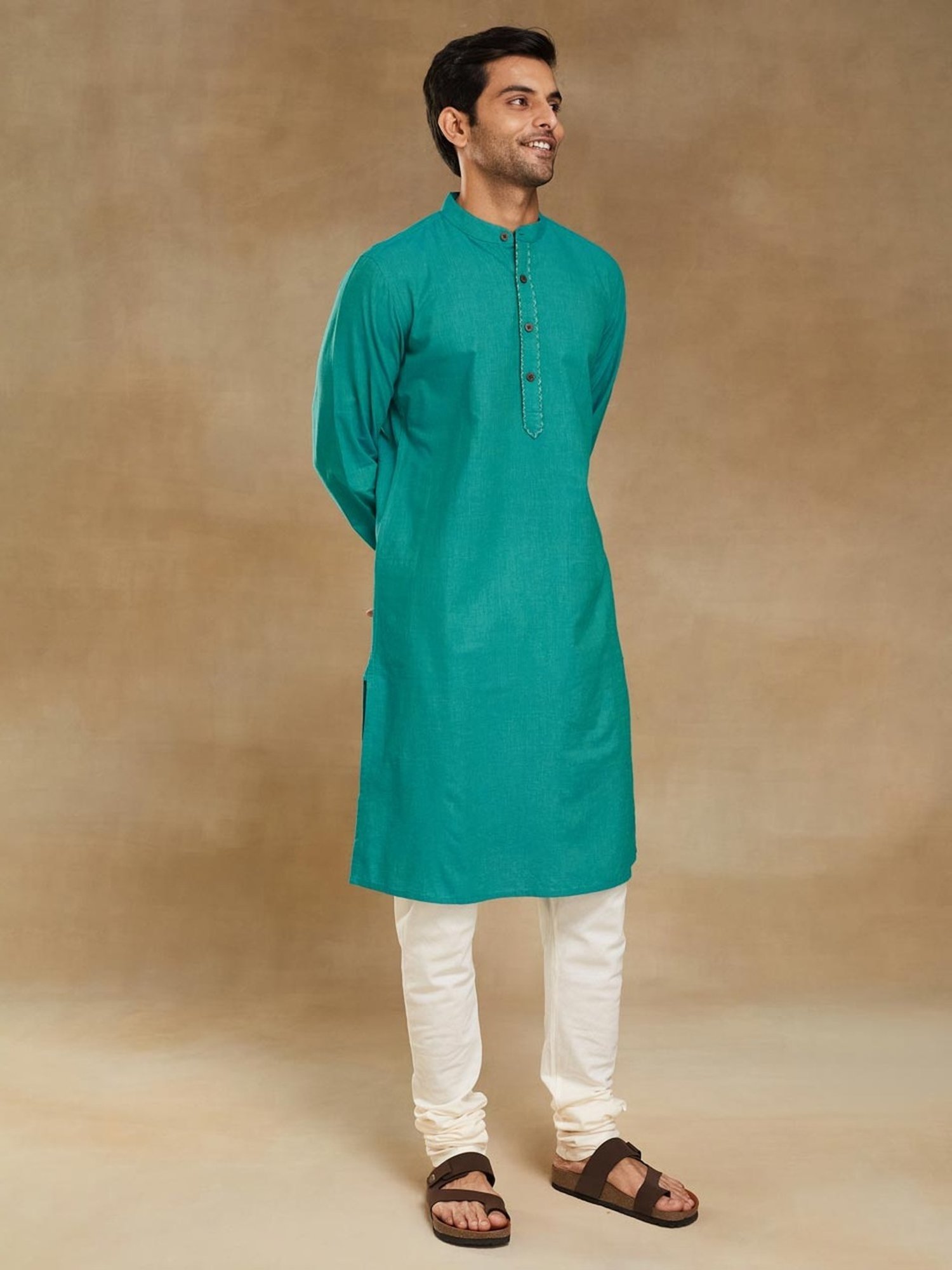 Fabindia Turquoise Cotton Slim Fit Kurta