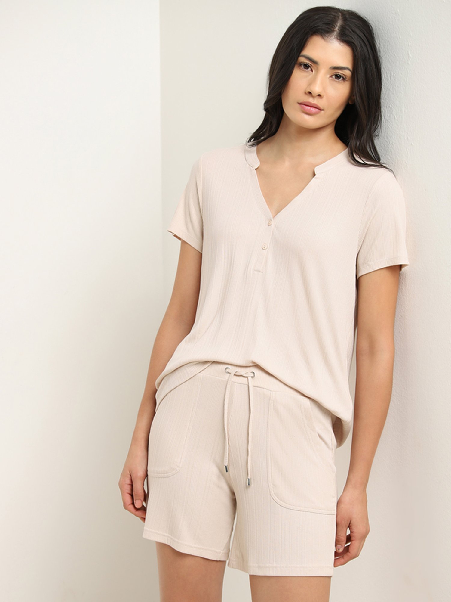 Wunderlove by Westside Beige Ribbed High-Rise Shorts