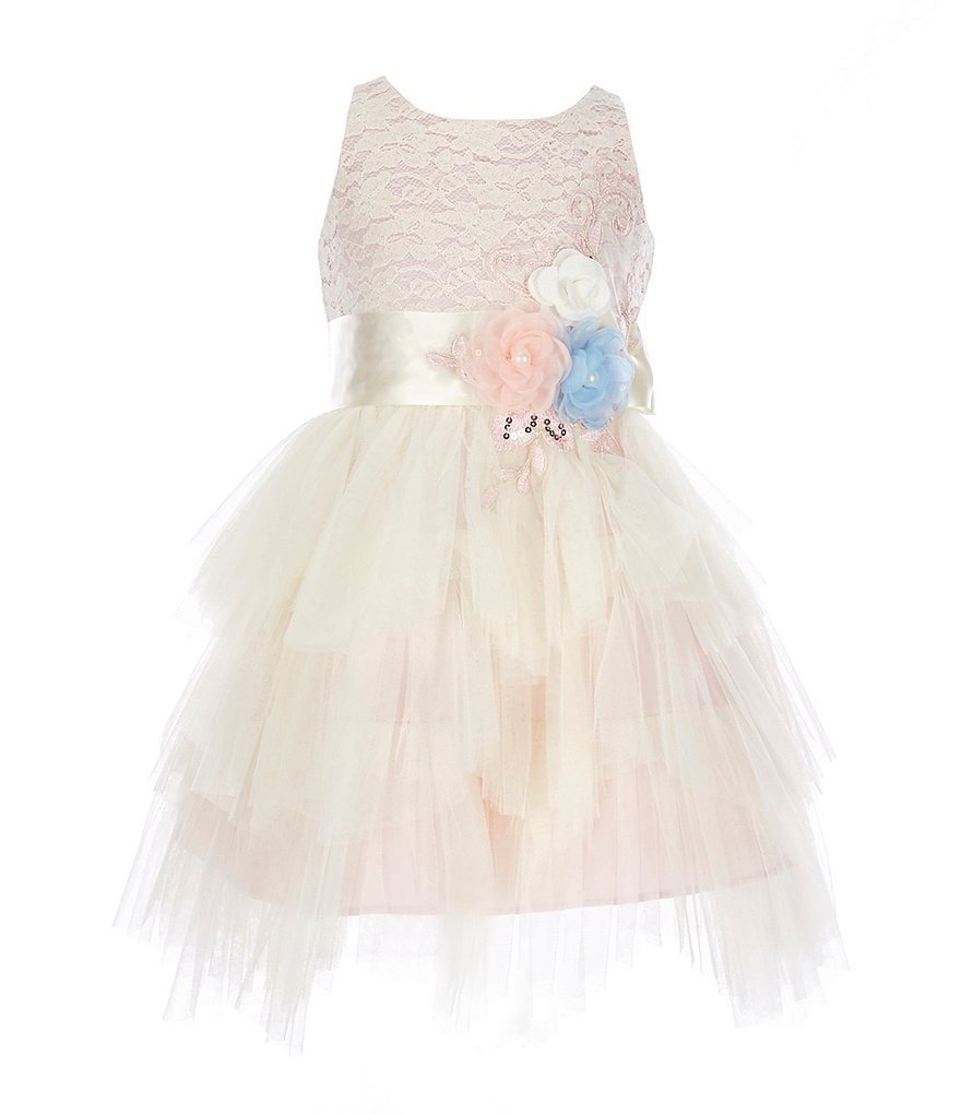 Rare Editions Little Girls 2T-6X Bow-Waist Satin/Jacquard-Stripe Hi-Low Ballgown