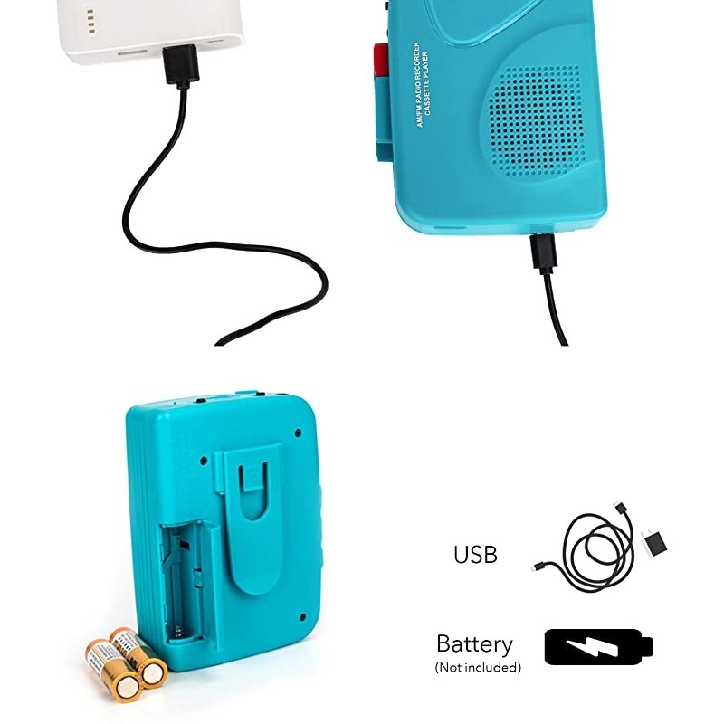 Cassette Player FM Am Radio Walkman Portable Cassette Converter Automatic Stop System Protect Cassette Tape Mic Recorder 2 AA Battery or USB Power Supply Belt clip with Headphone Teal