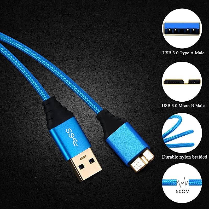 USB 30 Micro Cable  3Pack 15ft Short Braided USB 30 A Male to Micro B Charger Cable Compatible for Samsung Galaxy S5 Note 3 Tab Pro 122 Hard Drive and More Blue