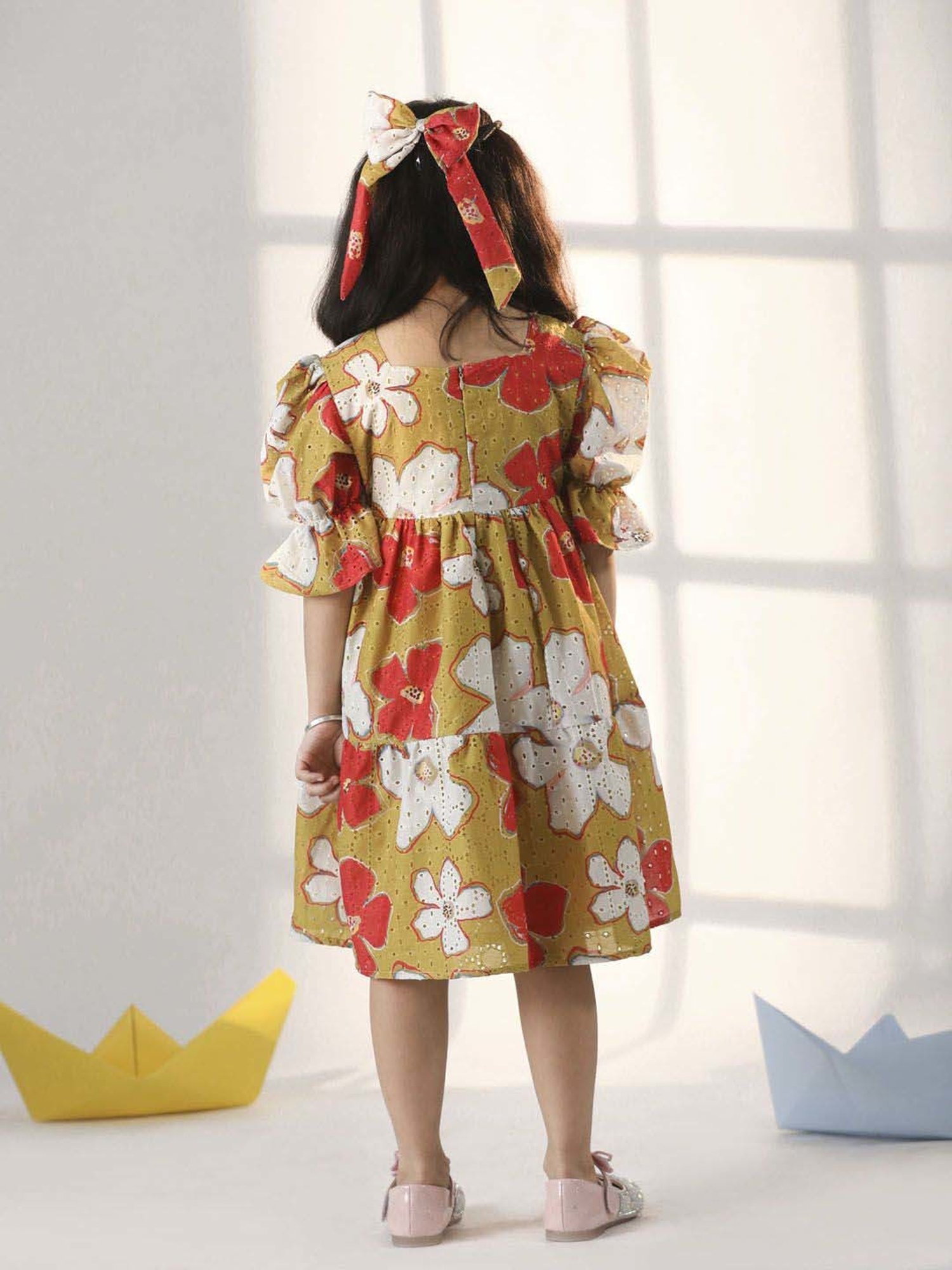 VASTRAMAY Girls Mustard & Red Floral Dresses