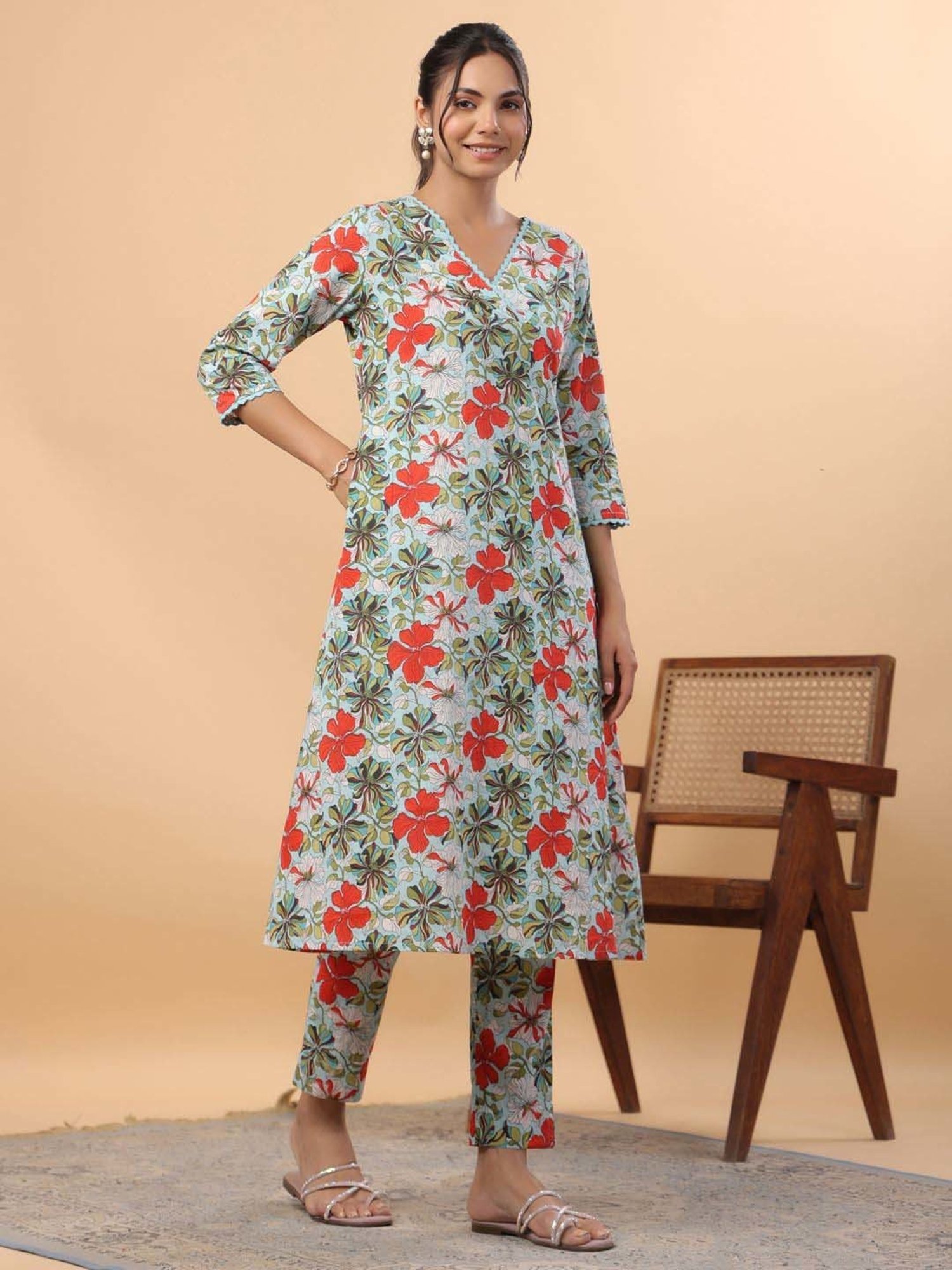 Janasya Blue Cotton Floral Print Co-Ord Set