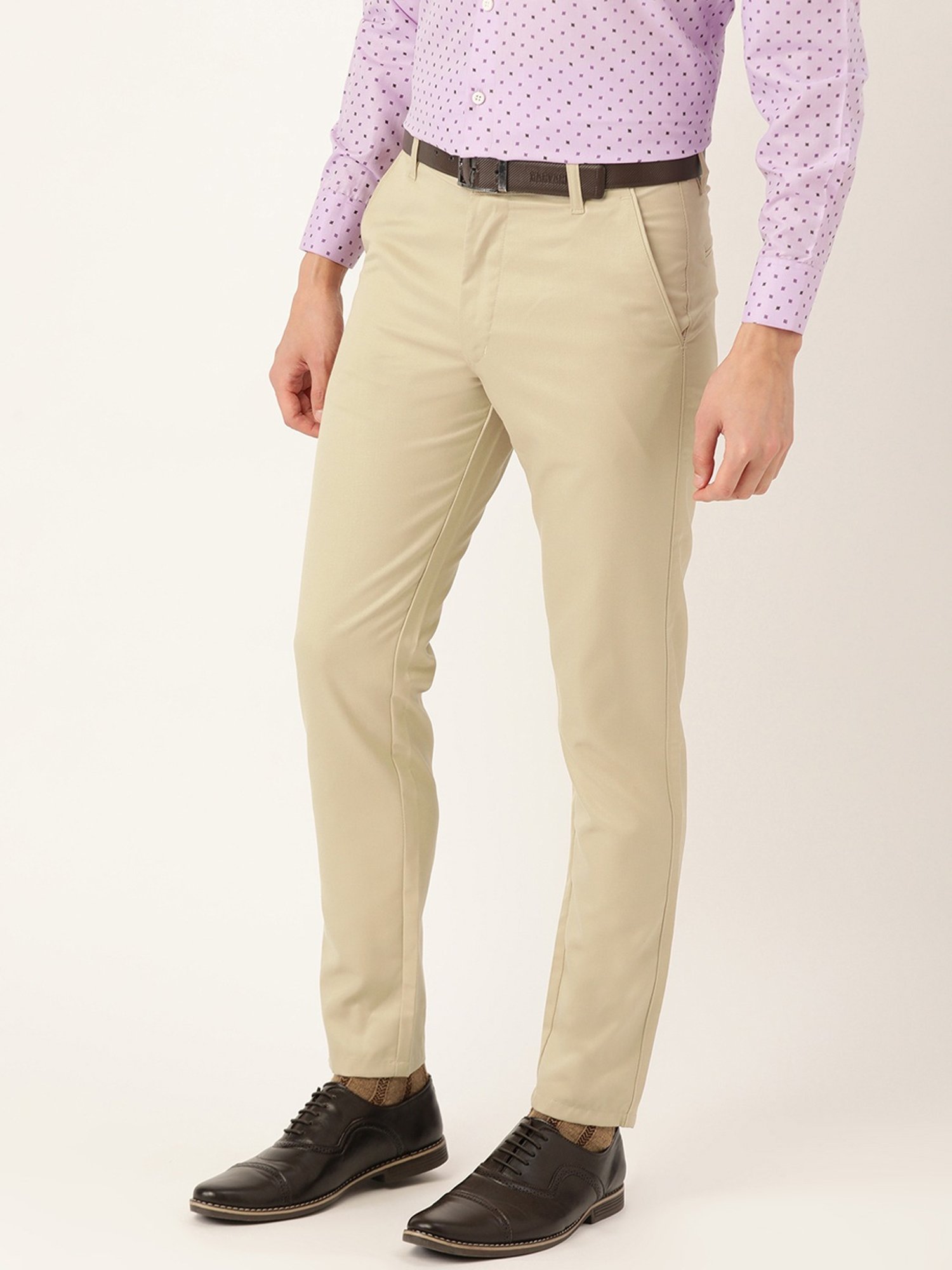 Sojanya Beige Cotton Regular Slim Fit Flat Front Trousers