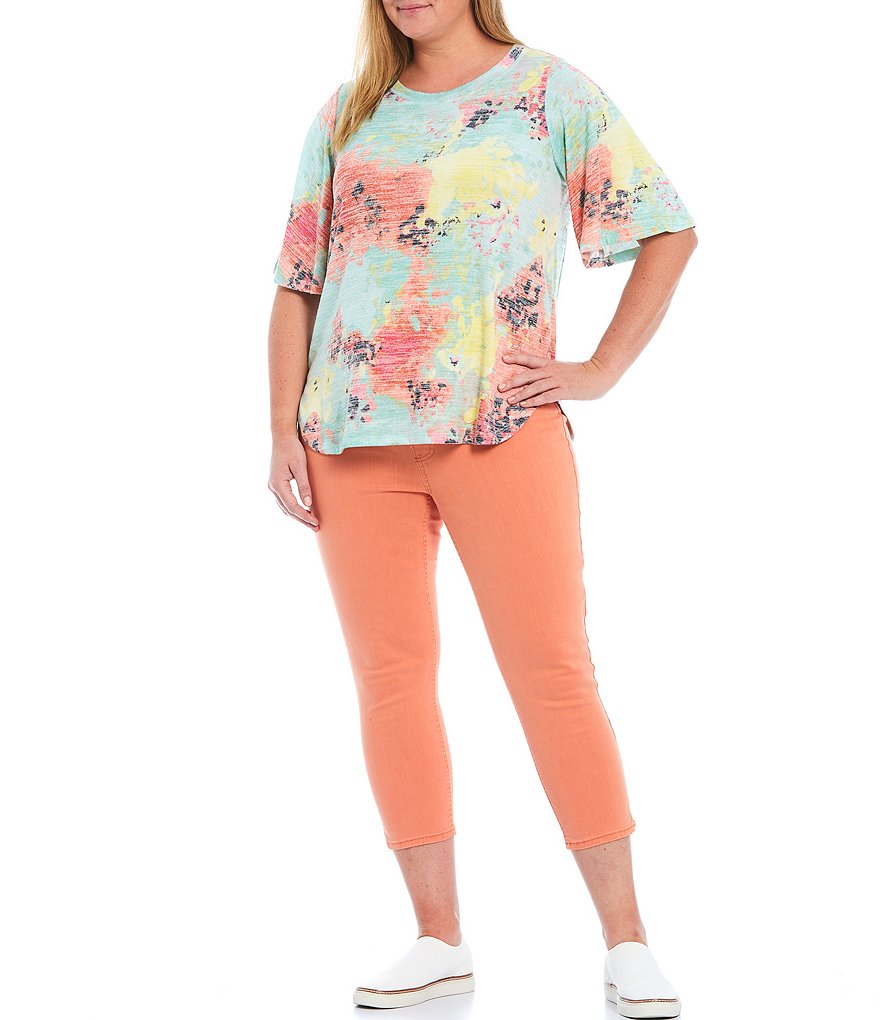 Westbound Plus Size Blur Floral Print Crew Neck Flounce Short Sleeve Top