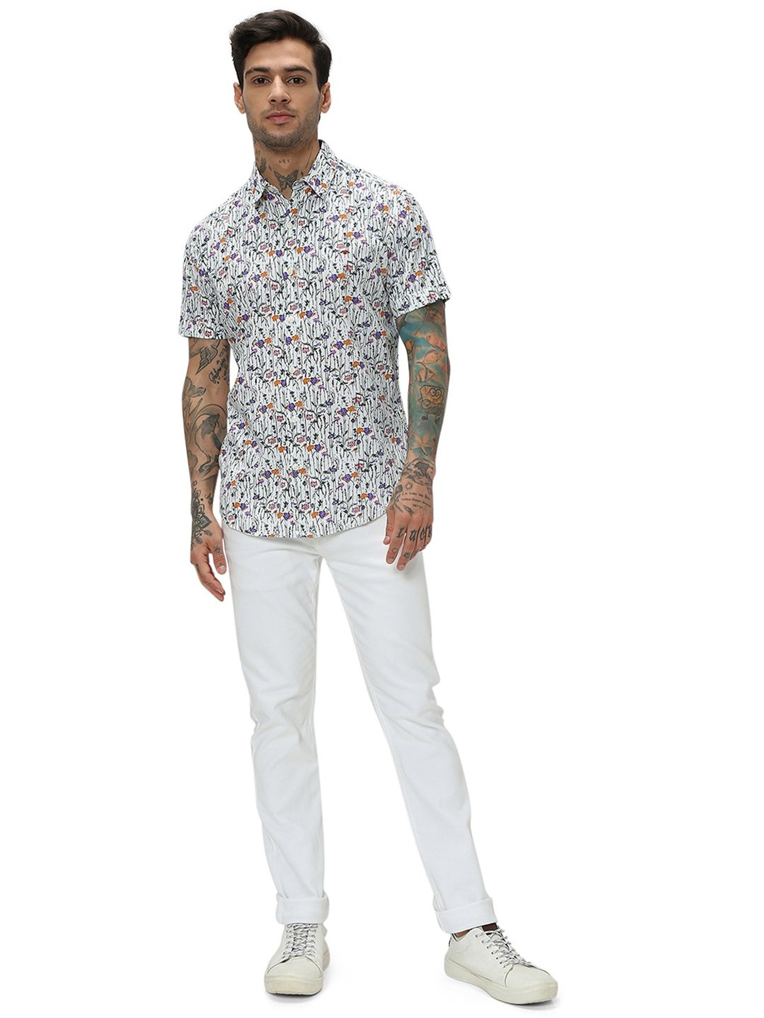 Mufti White Slim Fit Floral Print Shirt