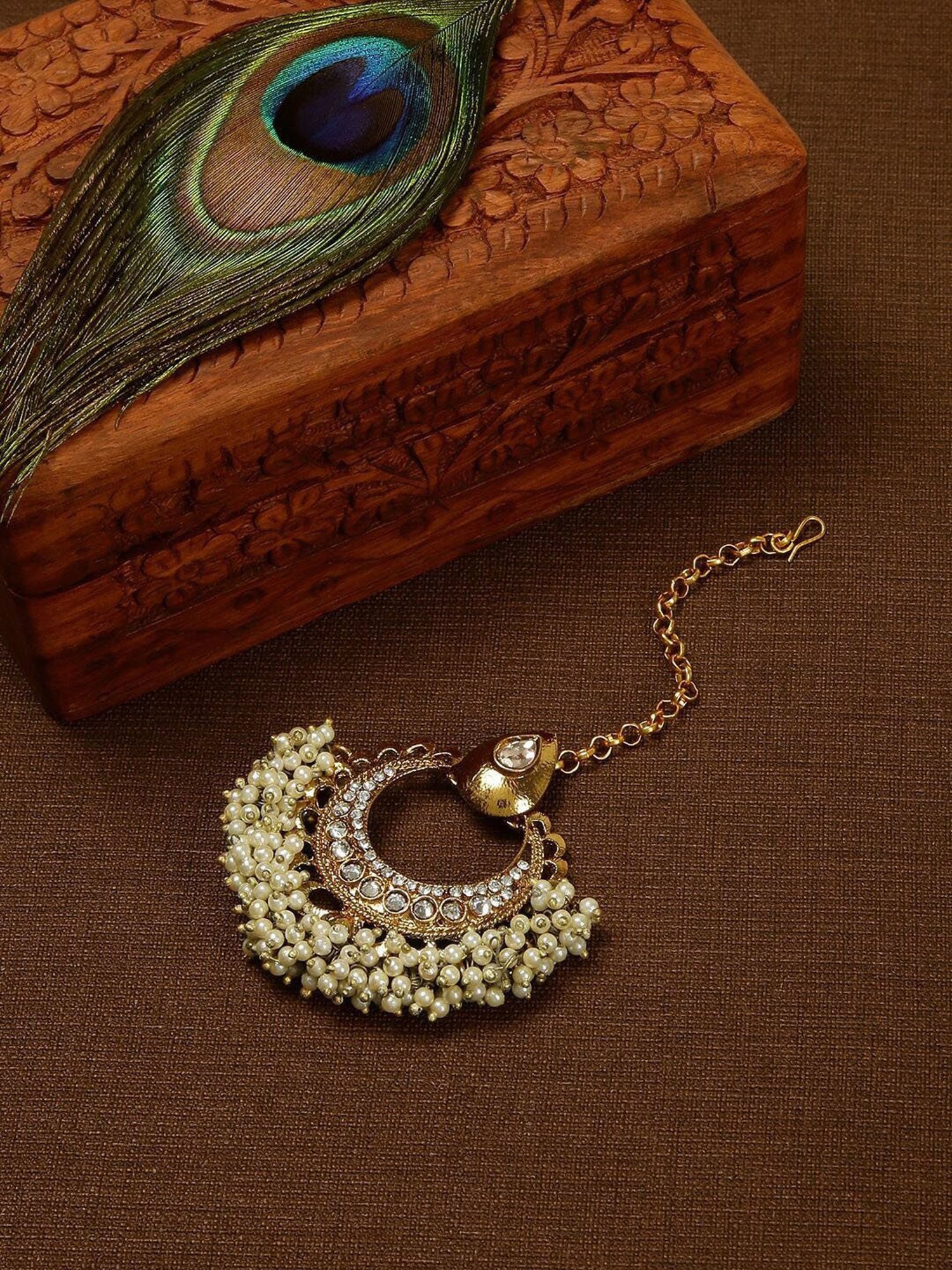 Fida Off White Beads Stones Gold-Plated Crescent Maang Tikka for Women