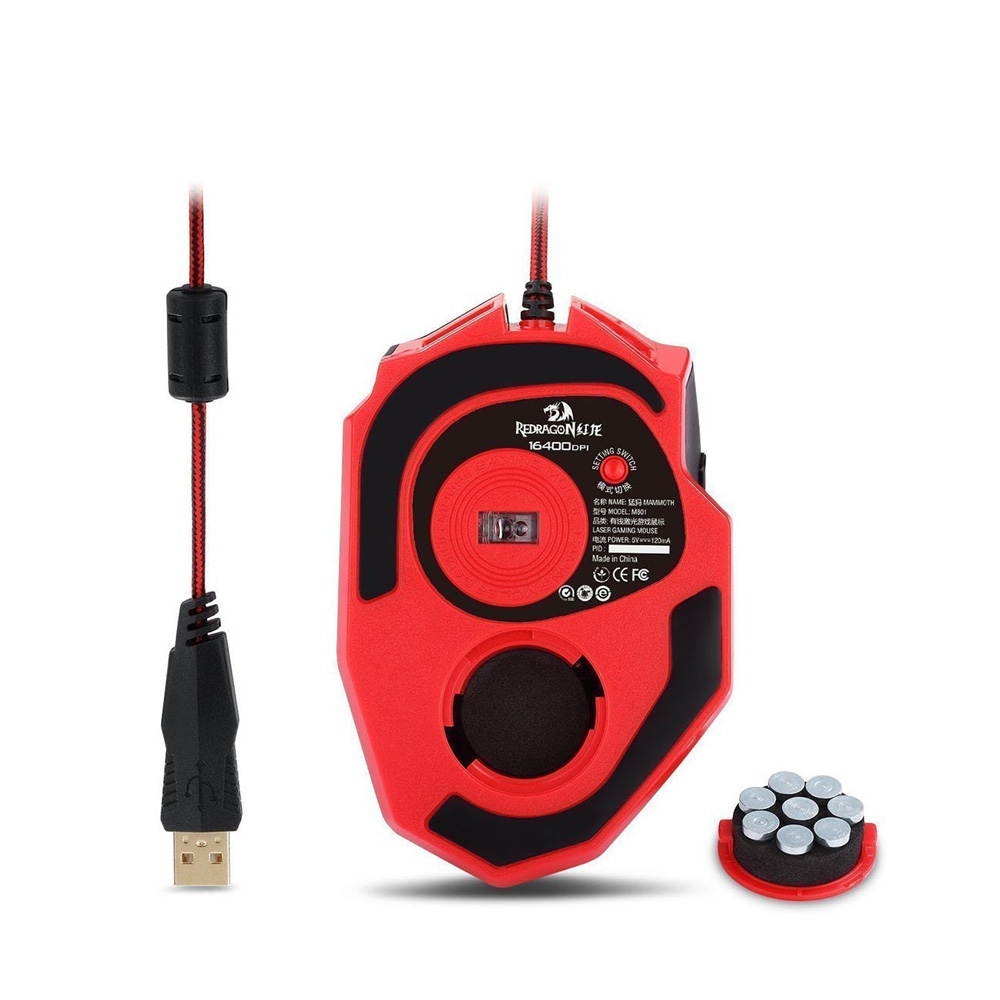 REDRAGON 16400DPI Adjustable Wired Gaming Mouse 9 Programmable Buttons 1 Profile Button 5 Programmable User Profiles Weight Tuning Catridge for PC