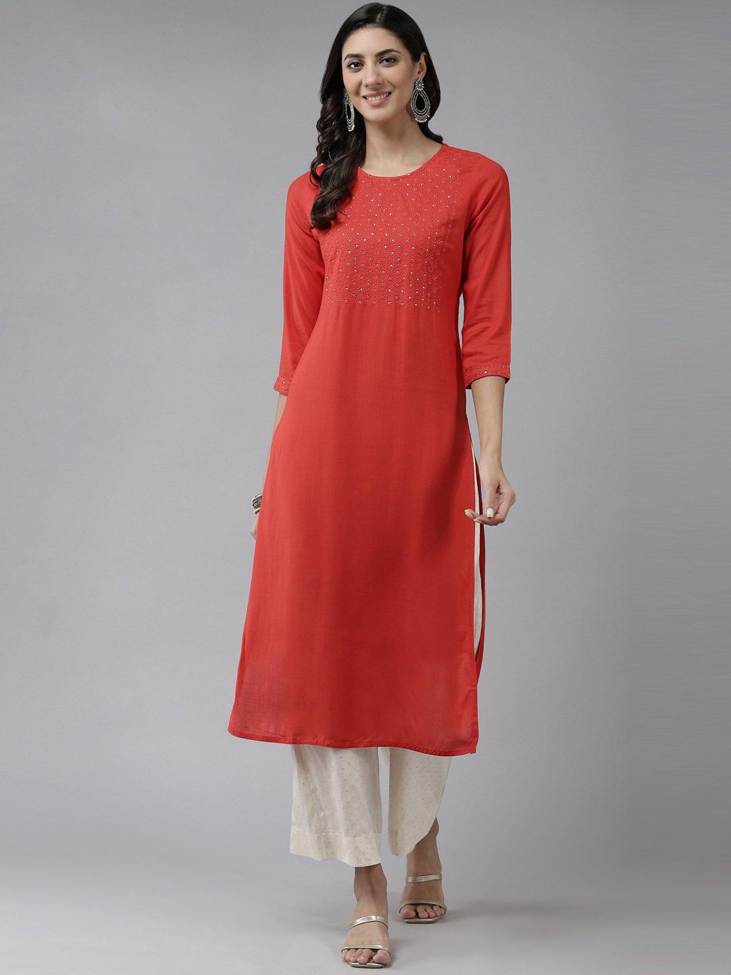 Prakrti Coral Embroidered Straight Kurta
