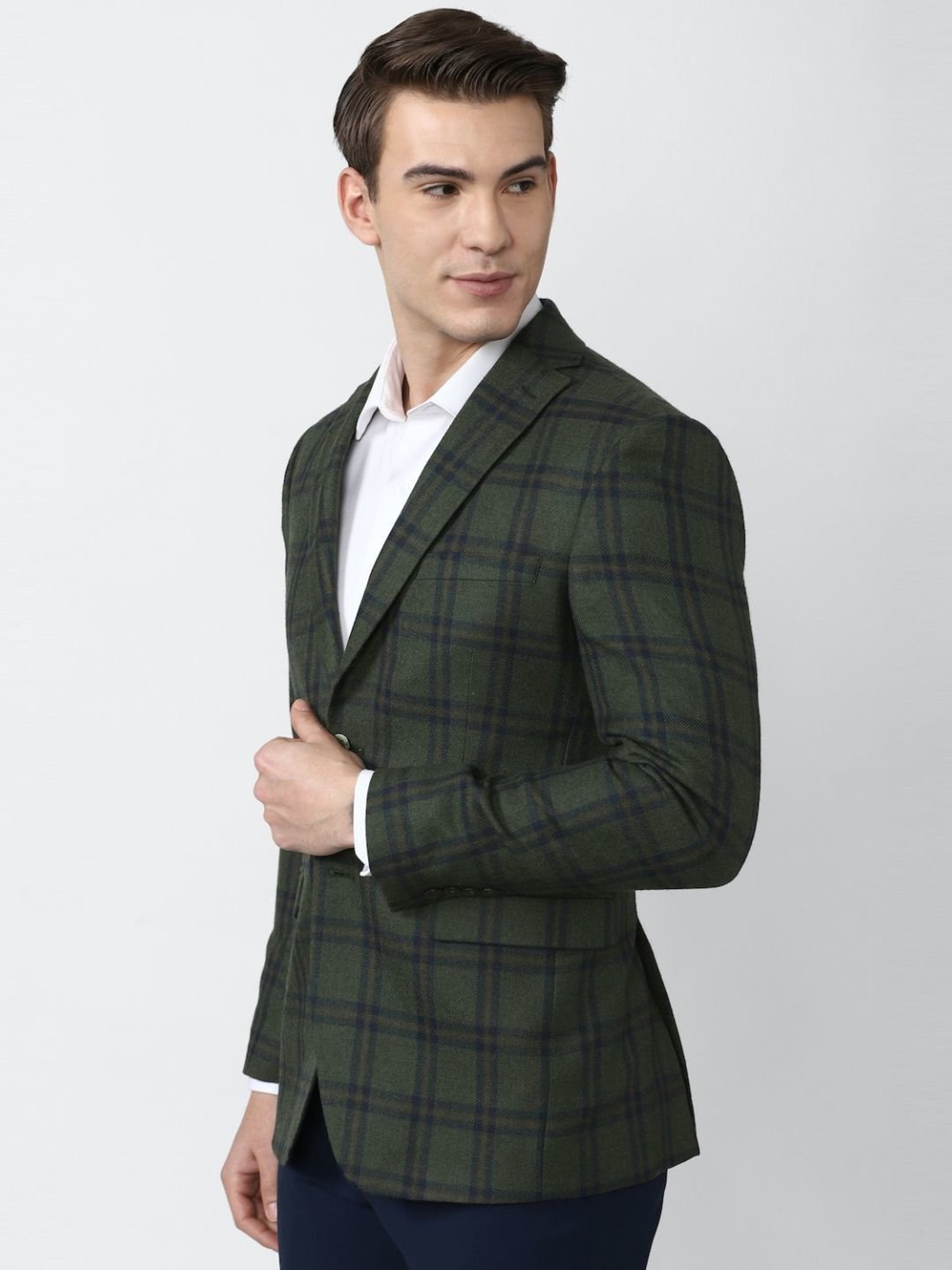 Peter England Green Slim Fit Checks Blazer